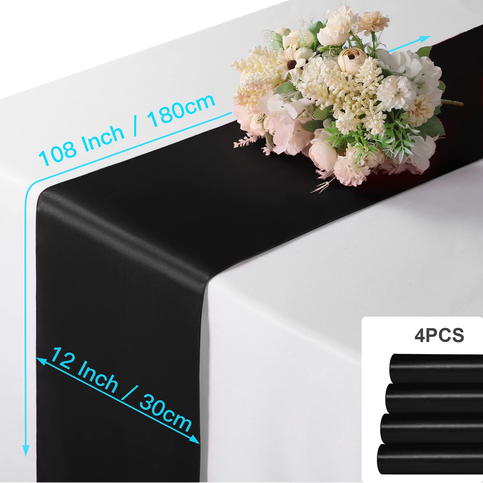 Manyshofu 4Pcs Satin Black Table Runner - 12 x 108 Inch Long Size  Party Table Runner Decor Bright & Smooth Wedding Decorations Table Runner for Banquet Chef Birthday Buffet Dinner Graduations