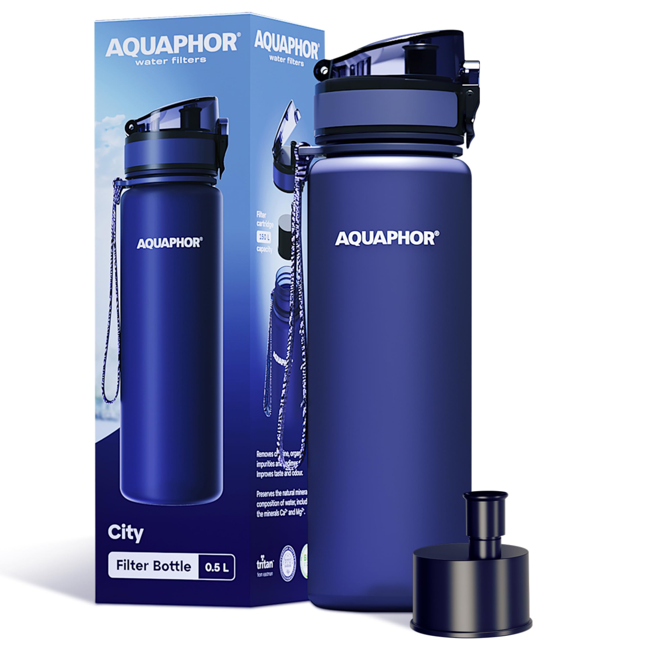 AQUAPHOR City Bottle 500ml Navy  Travel Water Bottle with Activated Carbon Filter  Filters Chlorine & Impurities  Made of Tritan & BPA-Free  Stay Hydrated On The Go!