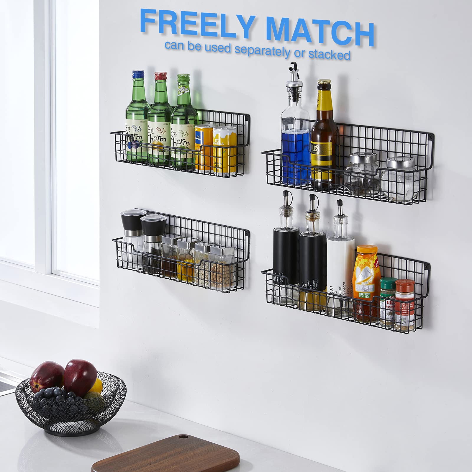 AURIKAR Spice Rack Wall Mount, Spice Organizer for Cabinet & Pantry Door, Set of 4 Hanging Spice Rack Saving Space for Kitchen,