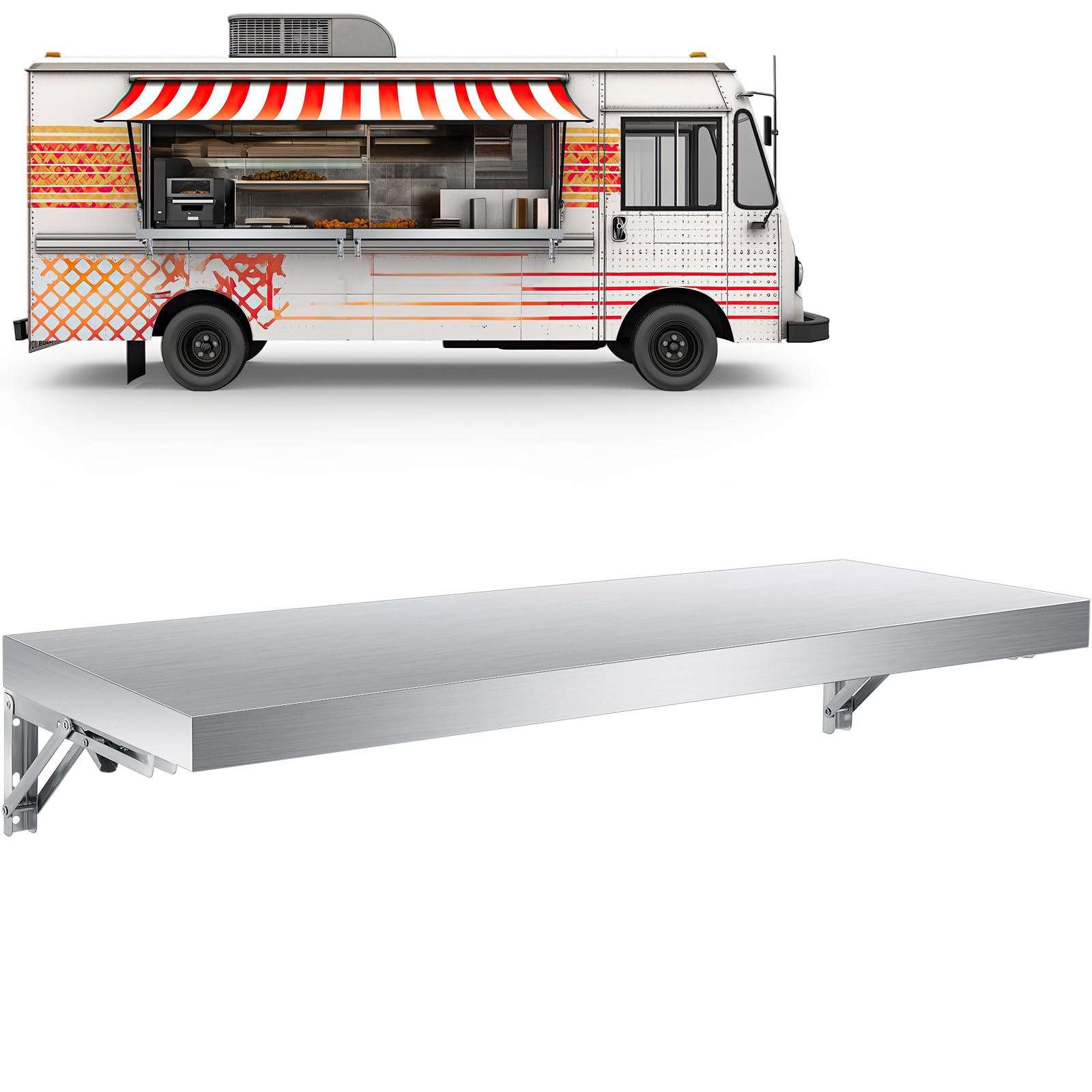 Vercraft Stainless Steel Folding Shelf Wall Mounted, Commercial Concession Serving Shelf for Food Truck, Trailer Window, Kitchen