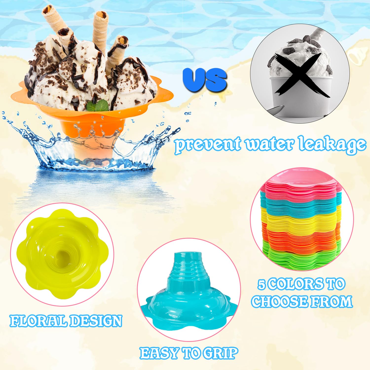 Haawooky 200Pcs 4Oz Snow Cone Cups With Spoon Straws,Flower Shaped Ice Cream Snacks Cup,Colorful Reusable Plastic Bowls Easy Gri