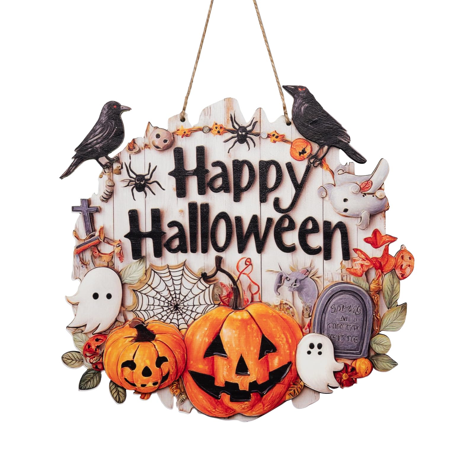 Halloween Decoration Wood Door Plaque - Rustic 9.2x8.8 Inch Handcrafted Sign with Raised Pumpkins, Ravens & Ghosts, Spider Web D