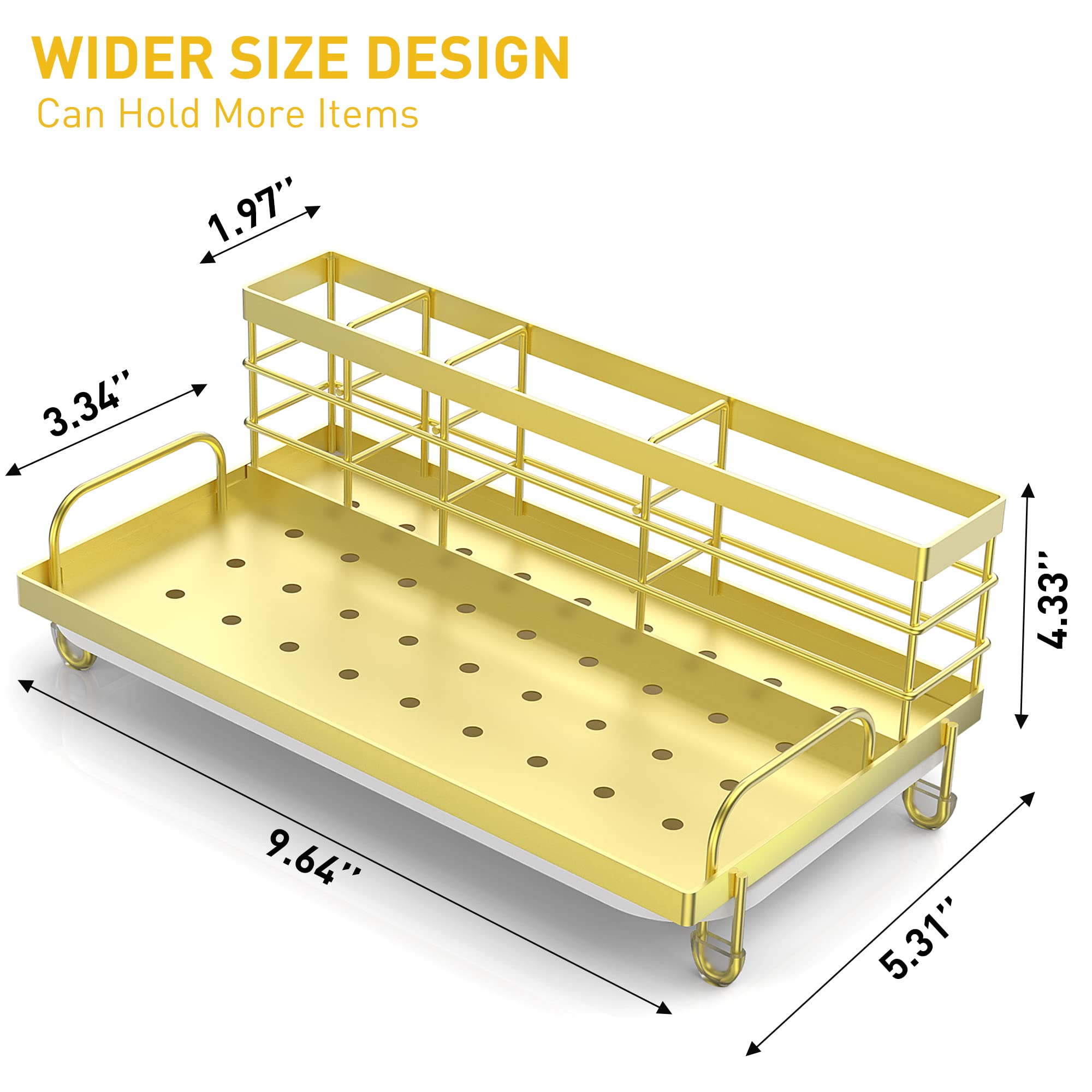 Cisily Gold Kitchen Sink Caddy Organizer, Rustproof Stainless Steel, Non-Slip Soap Dish, Model HMJ-J