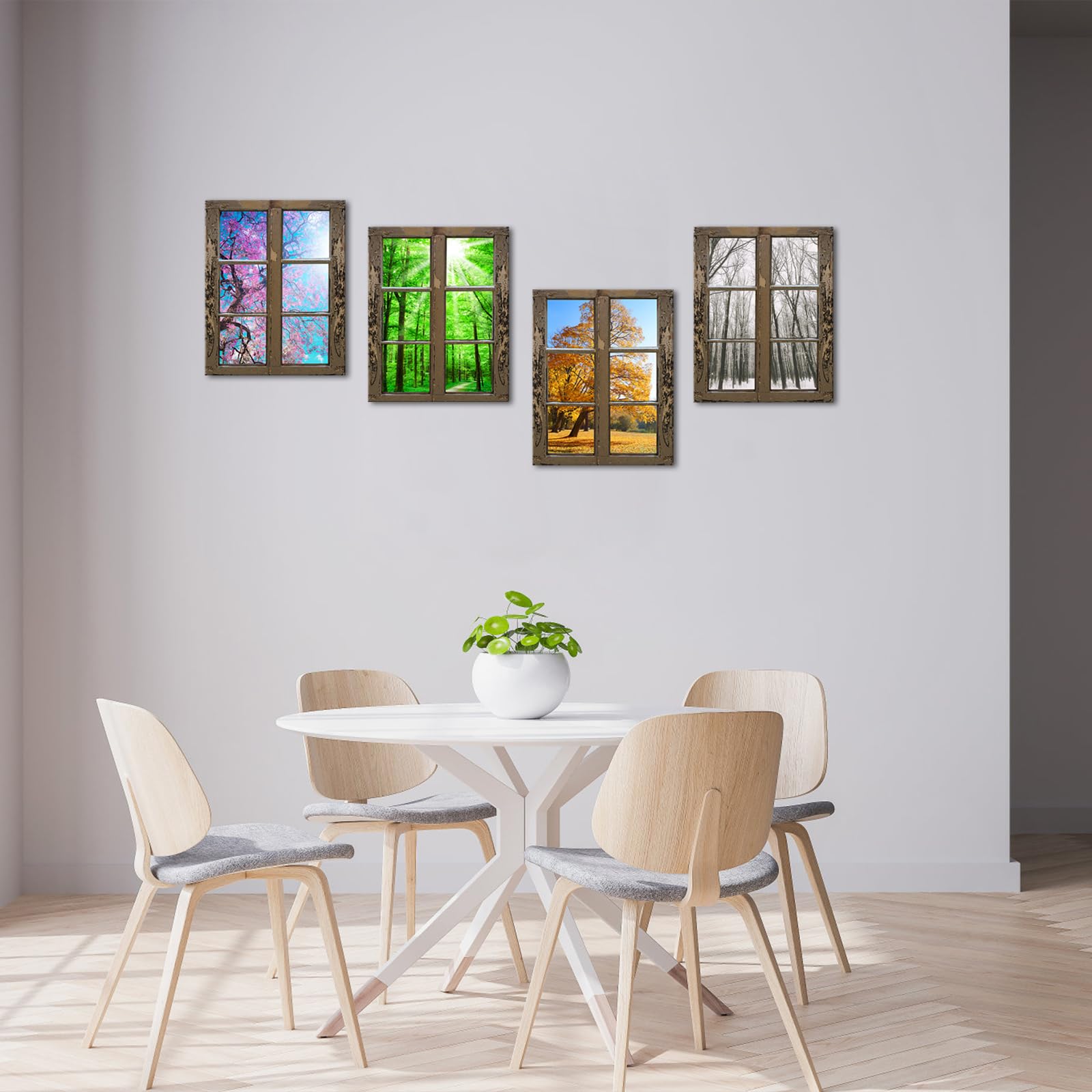 Ihappywall 4 Seasons Modern Landscape Window Frame Style Wall Decor Spring Summer Autumn Winter Season Changes Forest With Sunsh