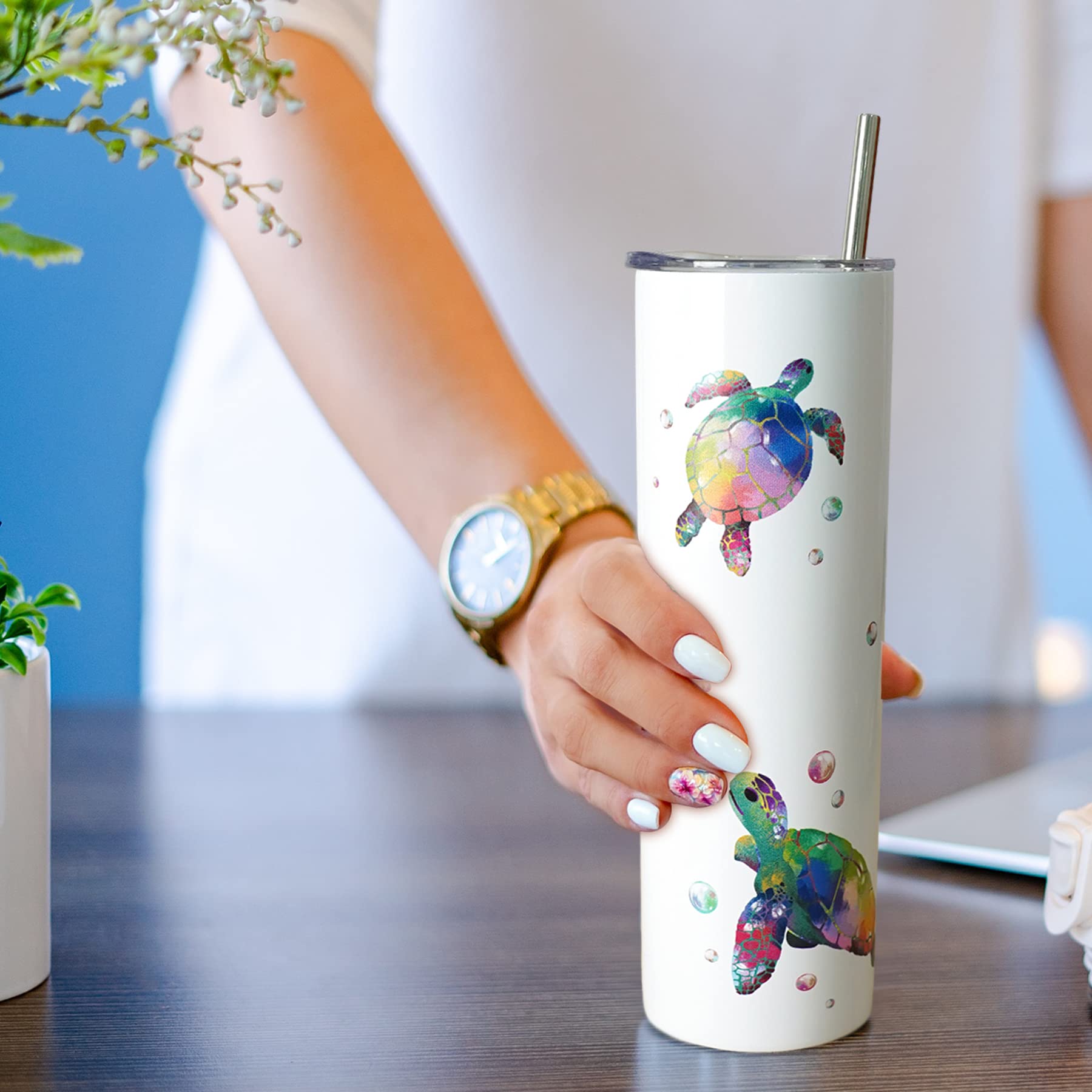 Sea Turtle Gifts - Sea Turtle Tumbler With Lid And Straw - Double Wall Vacuum Stainless Steel 20 Oz Watercolor Ocean Turtle Cup,