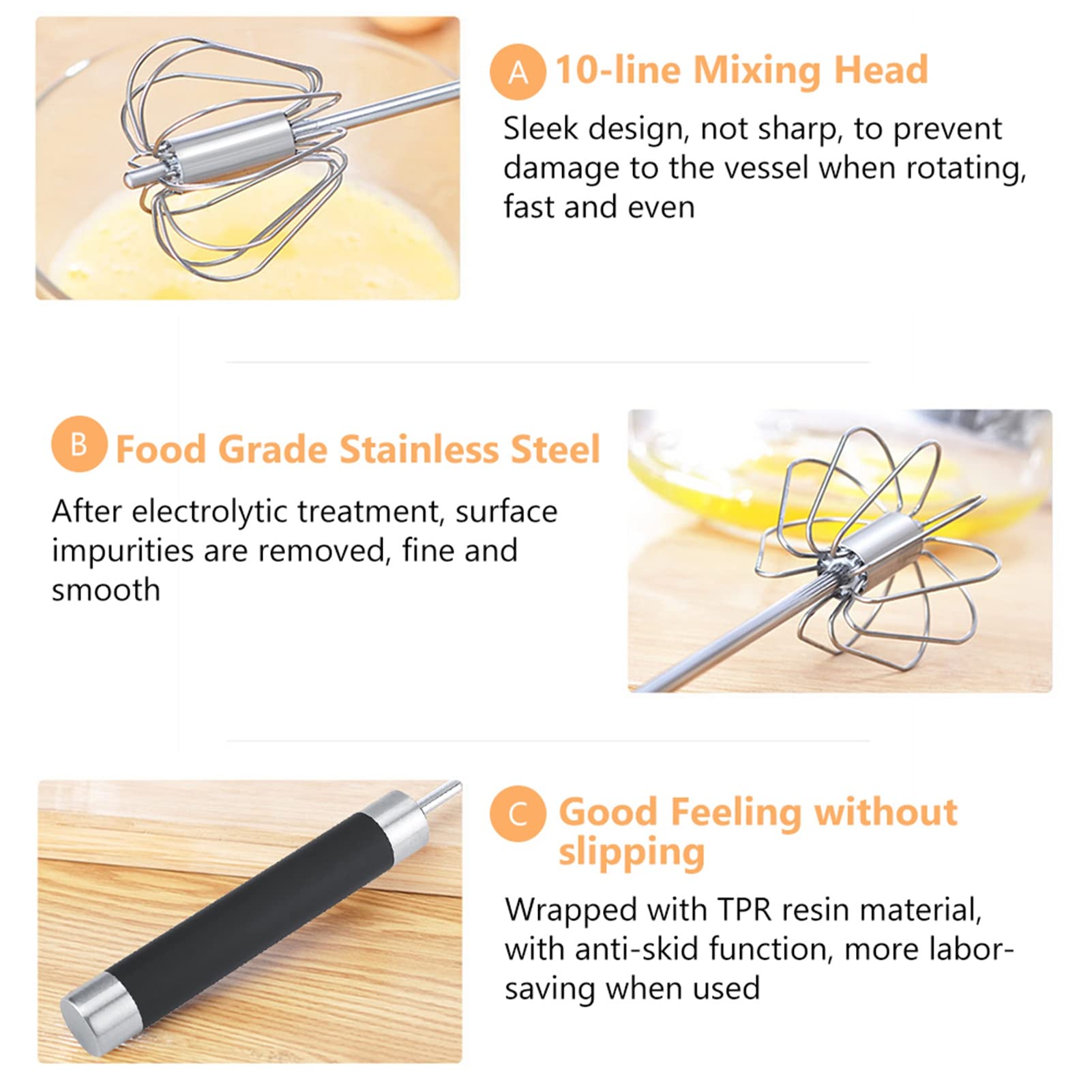 Haosie Push Whisk, 9.45    2.17In Semi Automatic Egg Whisk, Rotatable Push Whisk Egg Beater, Stainless Steel Push Down Whisk, Fo