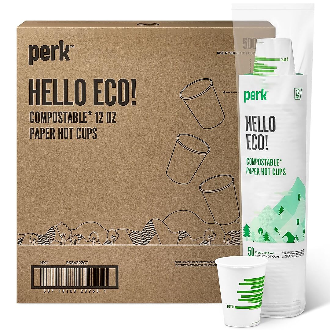 Perk Eco 12 Oz Compostable Paper Hot Cups, White/Green, 500 Count