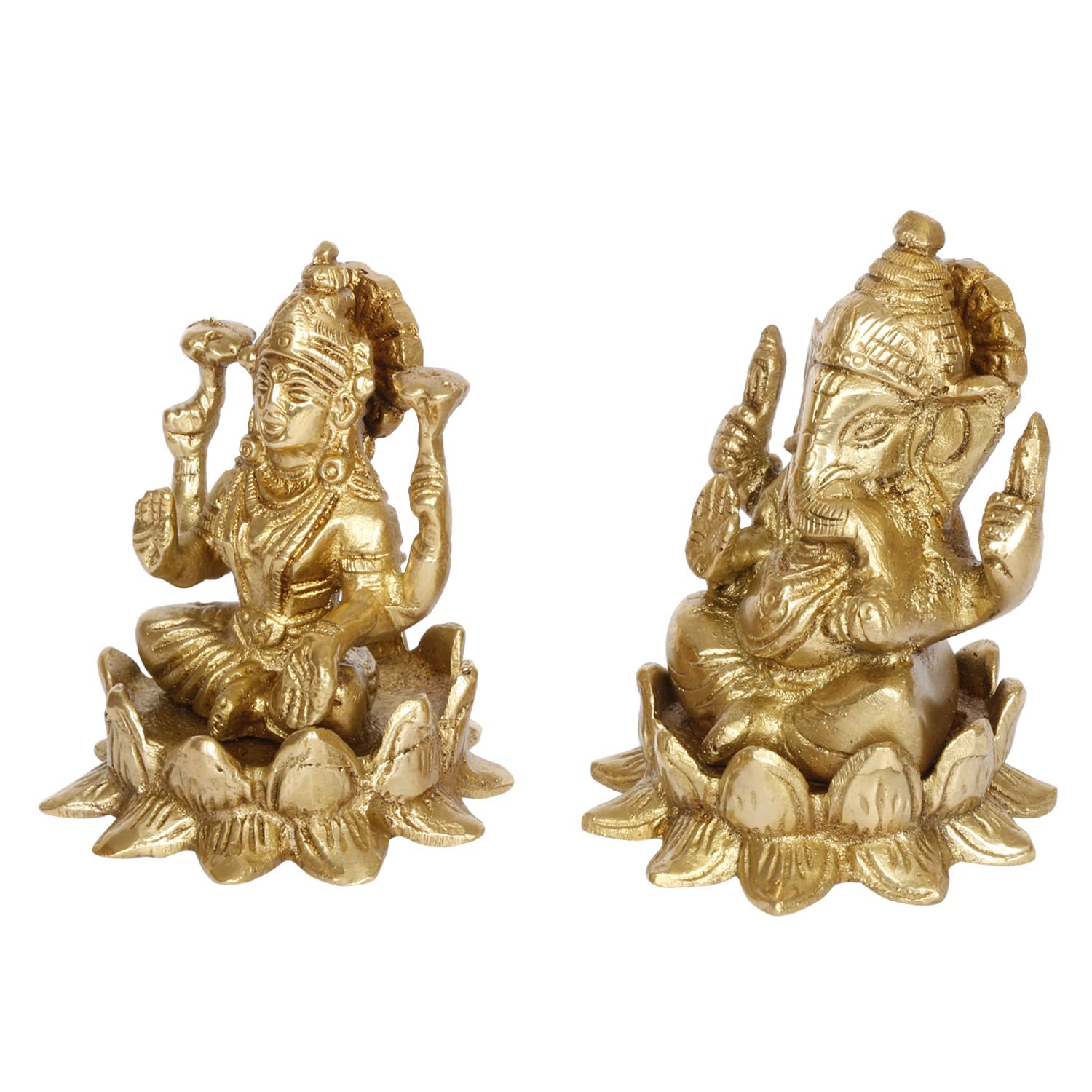 Kartique 3-Inch Brass Lakshmi Ganesh Idol Set With Golden Finish, Ideal For Home Decor And Pooja Room