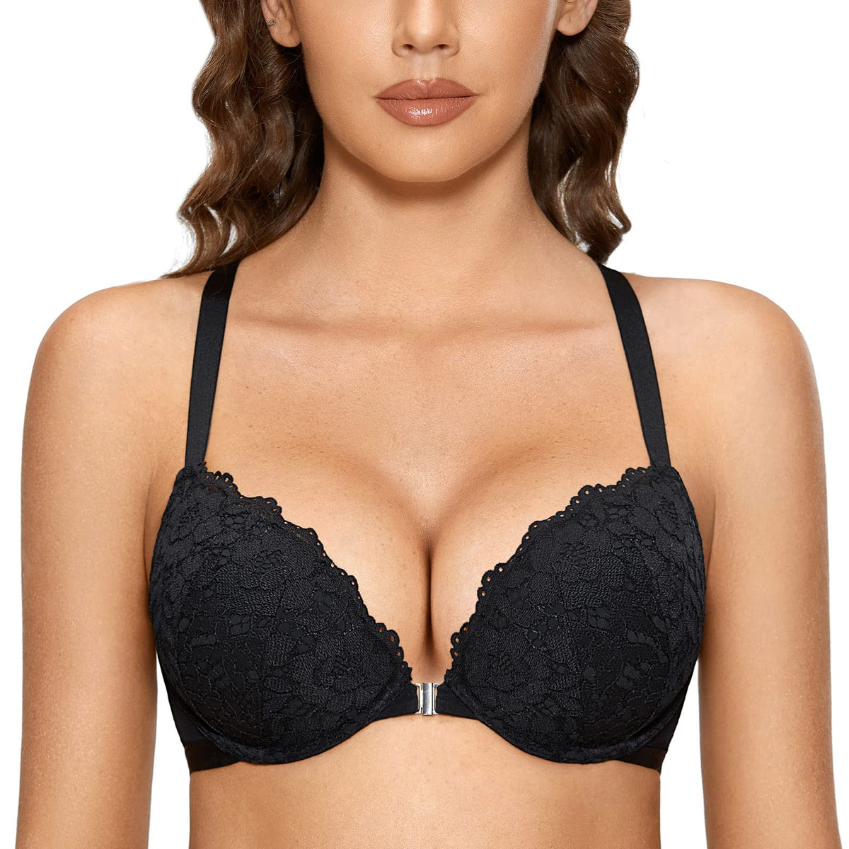 Dobreva Womens Push Up Bra Racerback Front Closure Bras Lace Padded Underwire Plunge Floral Black 38D