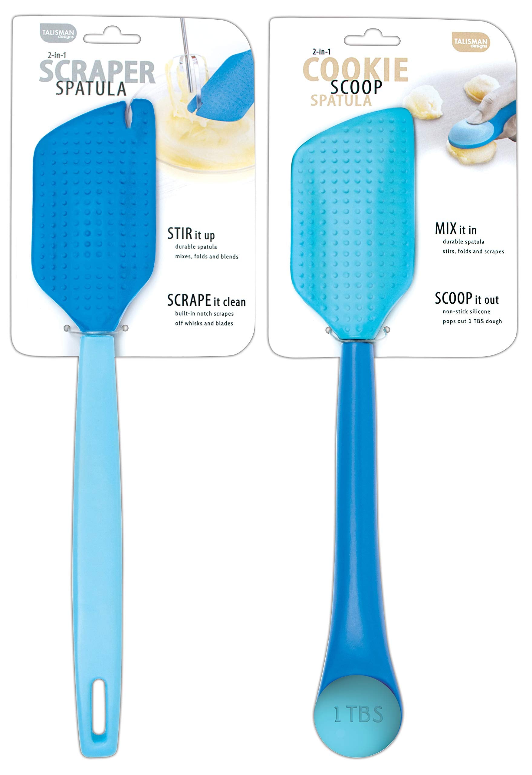 Talisman Designs 2 Piece Set, Bpa-Free Silicone Cookie Scoop And Scraper Spatulas Blue