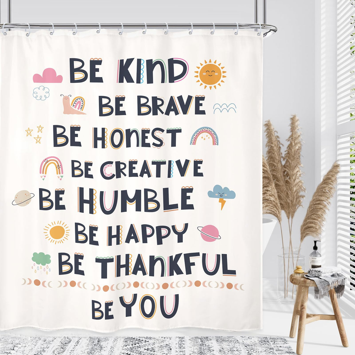 Kalmico Kids Quotes Inspirational Shower Curtain 60Wx72L Inch Boys Girls Motivational Positive Child Nursery Rainbow Sun Cute Ba
