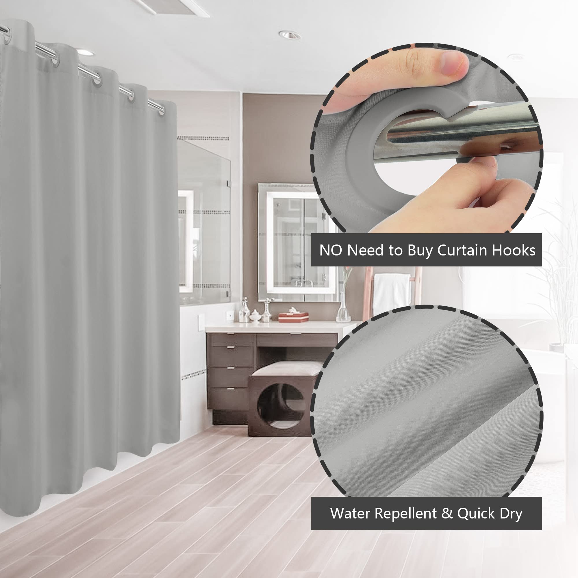 River Dream No Hook Grey Shower Curtain Soft Microfiber & Waterproof - Fabric Shower Curtain Or Liner, Washable & Bottom Magnets