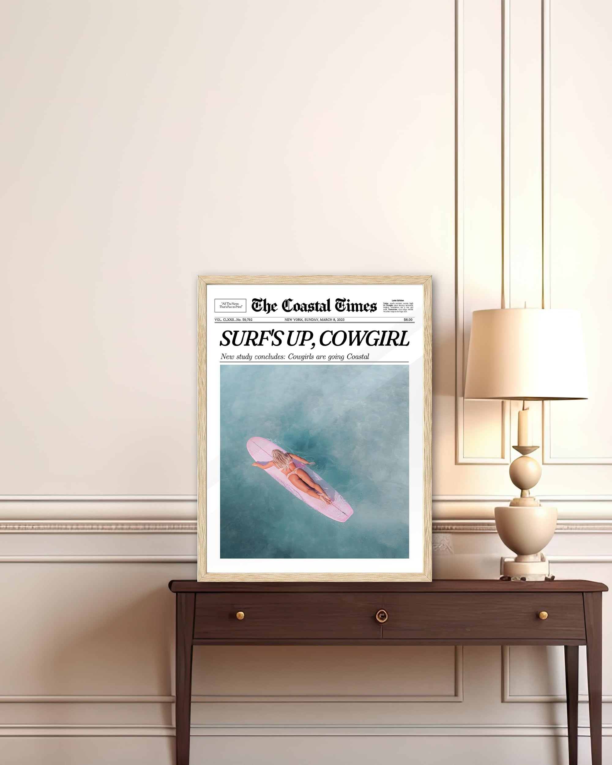 Ihery Framed Coastal Trendy Cowgirl Wall Art Decor, Natural Oak Wood 12X16In Canvas Newspaper Retro Bedroom Wall Art,Surfer Up V