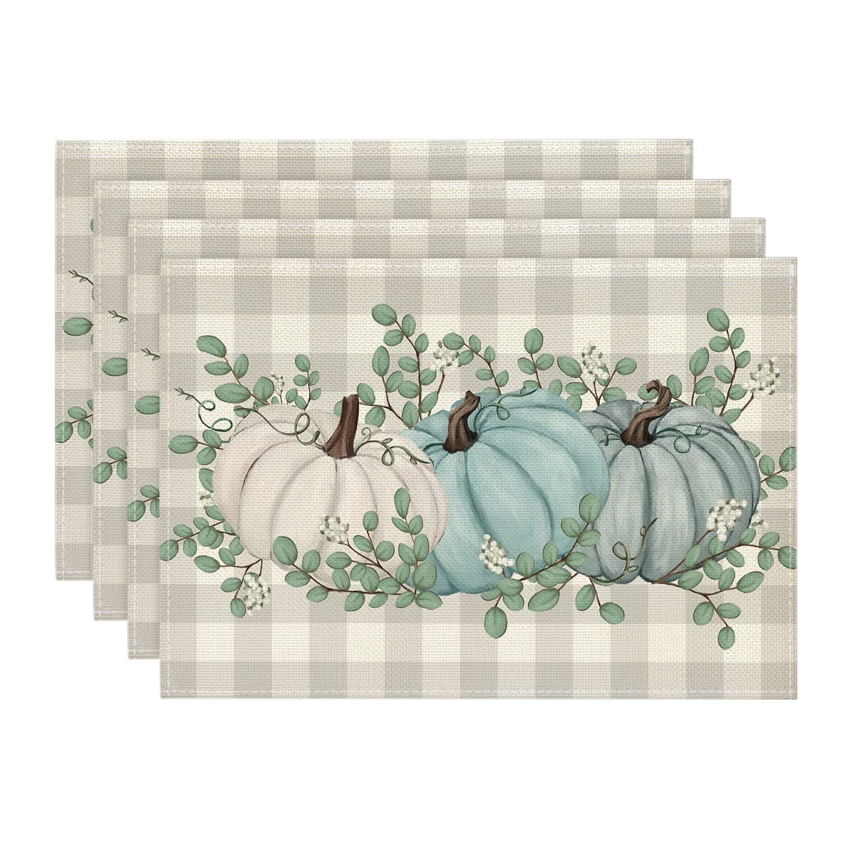 Artoid Mode Pumpkins Eucalyptus Leaves Fall Placemats Set Of 4, 12X18 Inch Autumn Thanksgiving Harvest Vintage Table Mat For Par