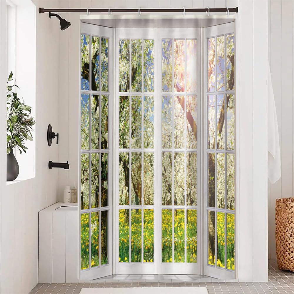 Ruelvth Floral Shower Curtain, Window View Of Spring Flower Shower Curtain Set For Bathroom Waterproof Natural Scenery Green And