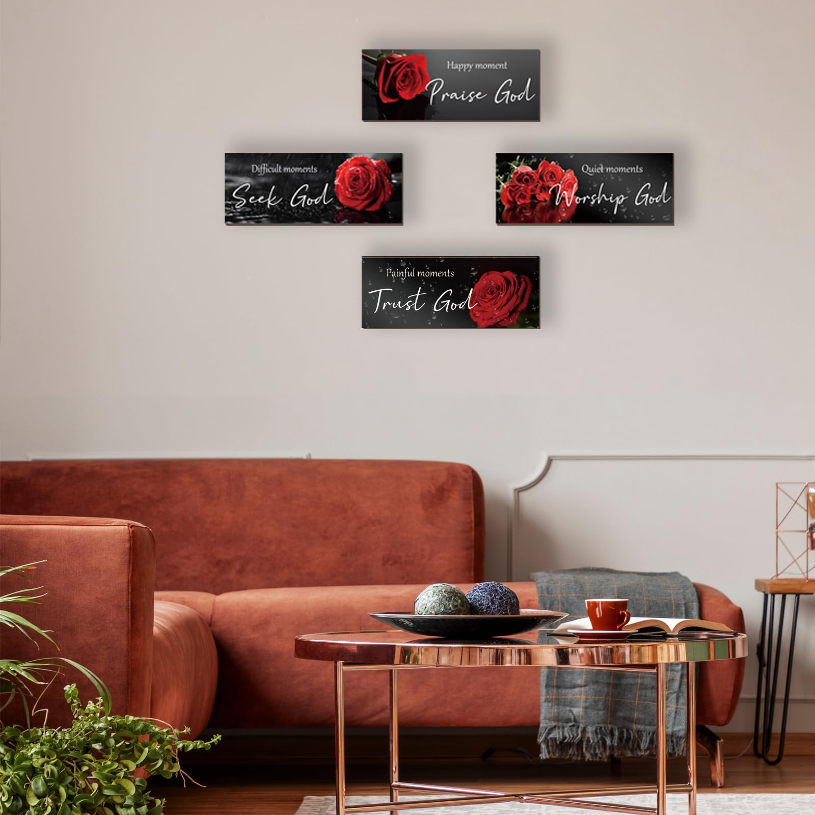 ONIZHITY 4 Pcs Red Bathroom Decor Religious Wall Art Bible Verse Inspirational Red Rose Wall Decor Rustic Flower Wooden Christia