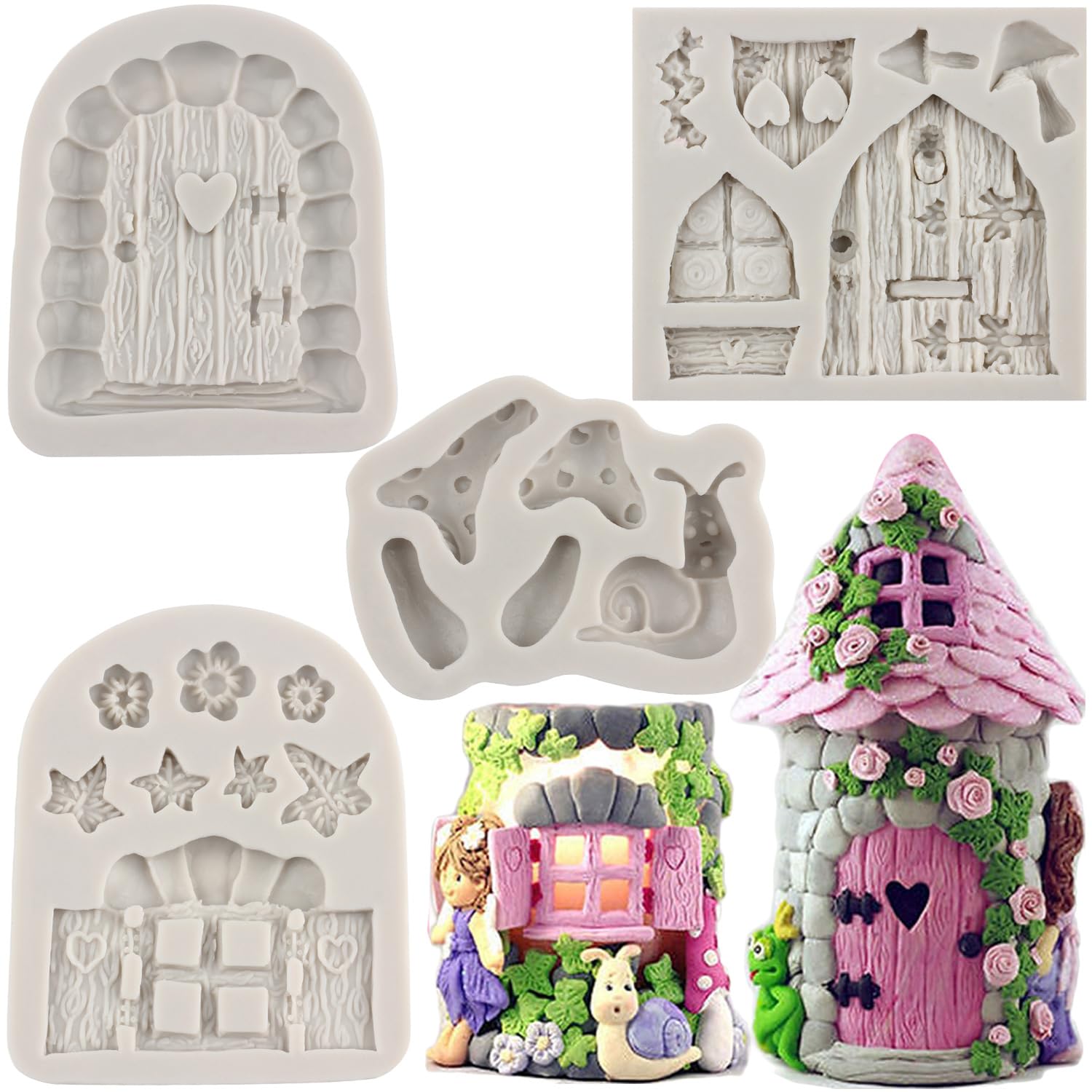 Sijiangmold Enchanted Vintage Fairy Garden Fairy Gnome Home Door Window Silicone Molds Snail Mushroom Fondant Mold For Cake Deco
