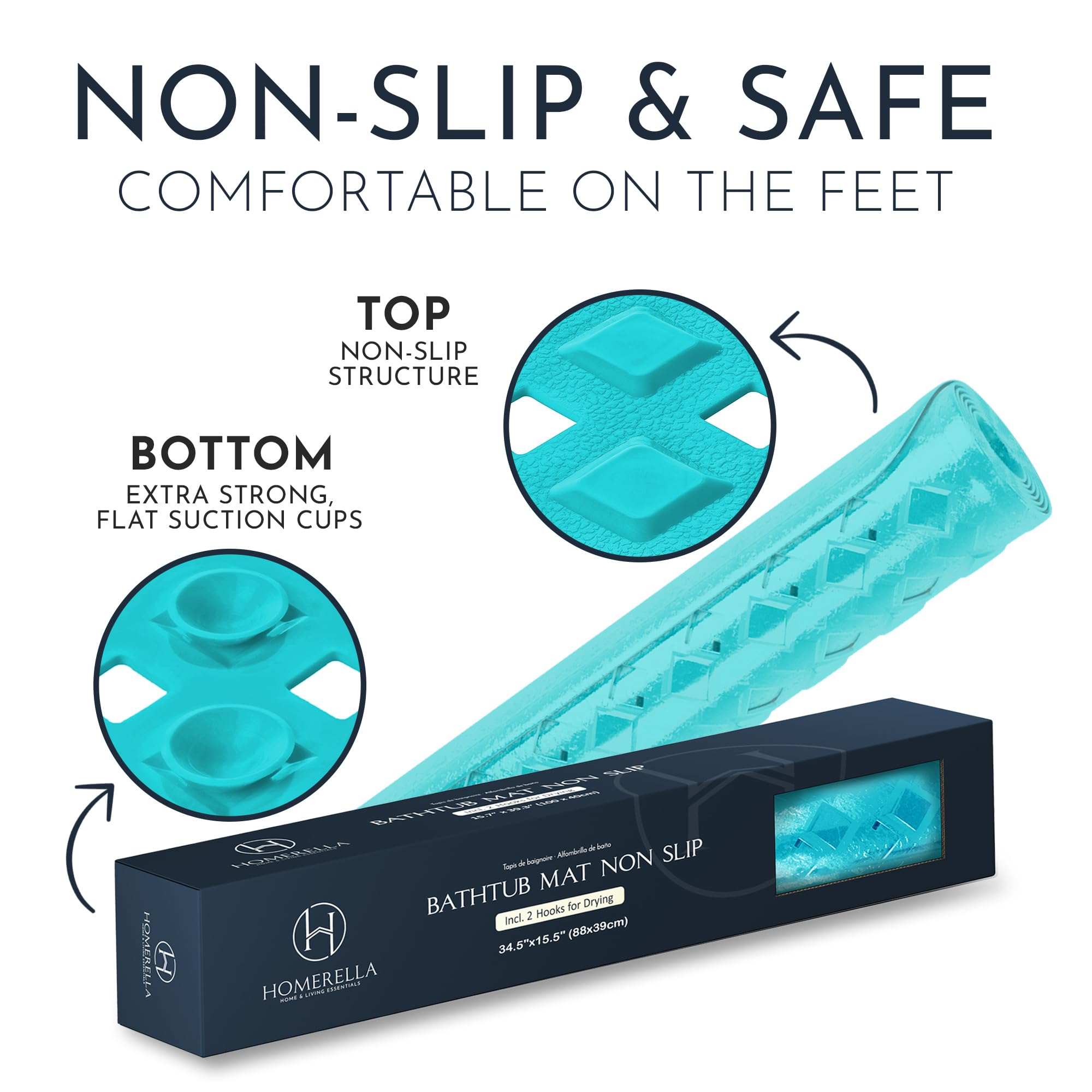 Homerella® Non-Slip Bath Mat for Tub, Mold Resistant, 35x16", Clear Turquoise, Vinyl, Model BM