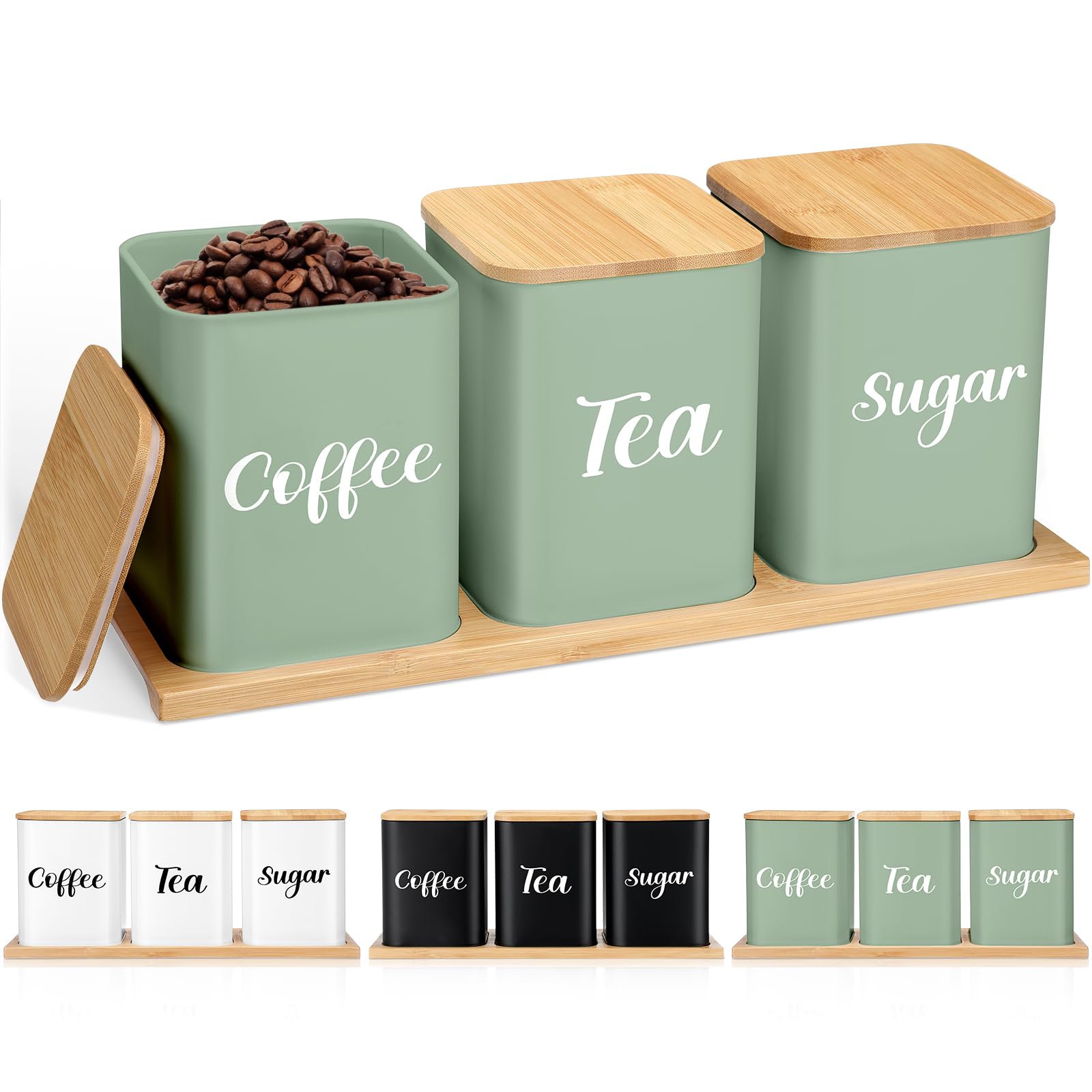 Tioncy Coffee Tea Sugar Container with Tray Set of 3 Airtight Metal Canister with Bamboo Lid Tray for Kitchen Counter Dining Roo