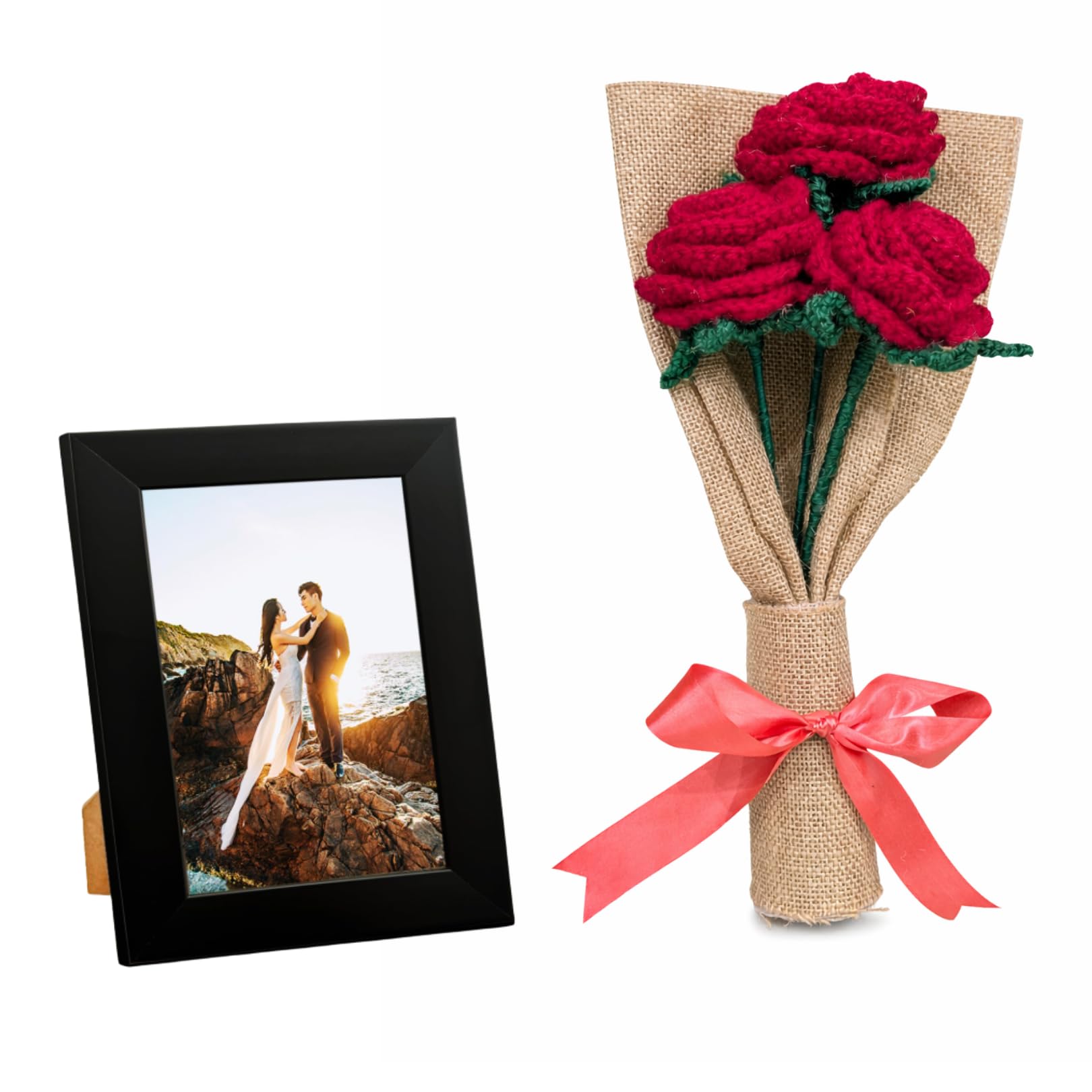 Prsthaa Handmade Crochet Rose With Customizable Photo Frame, Red, Cotton, Large, Artificial Flower With Burlap Wrap, 1 Count
