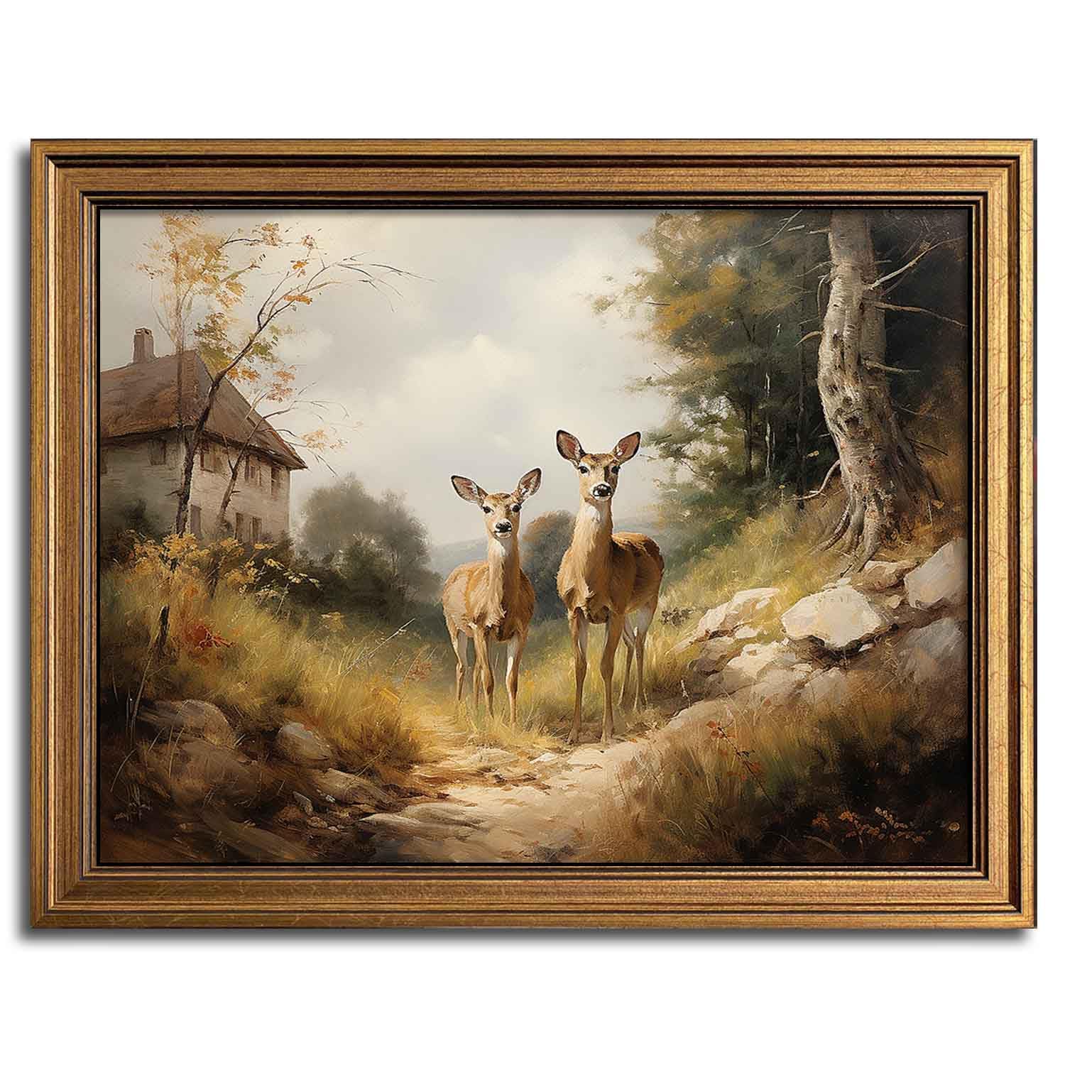 Framed Vintage Wall Art Classical Oil Painting Canvas Print Deers Country Road Bedroom Living Room Wall Decor (Deers, 16''X20'')