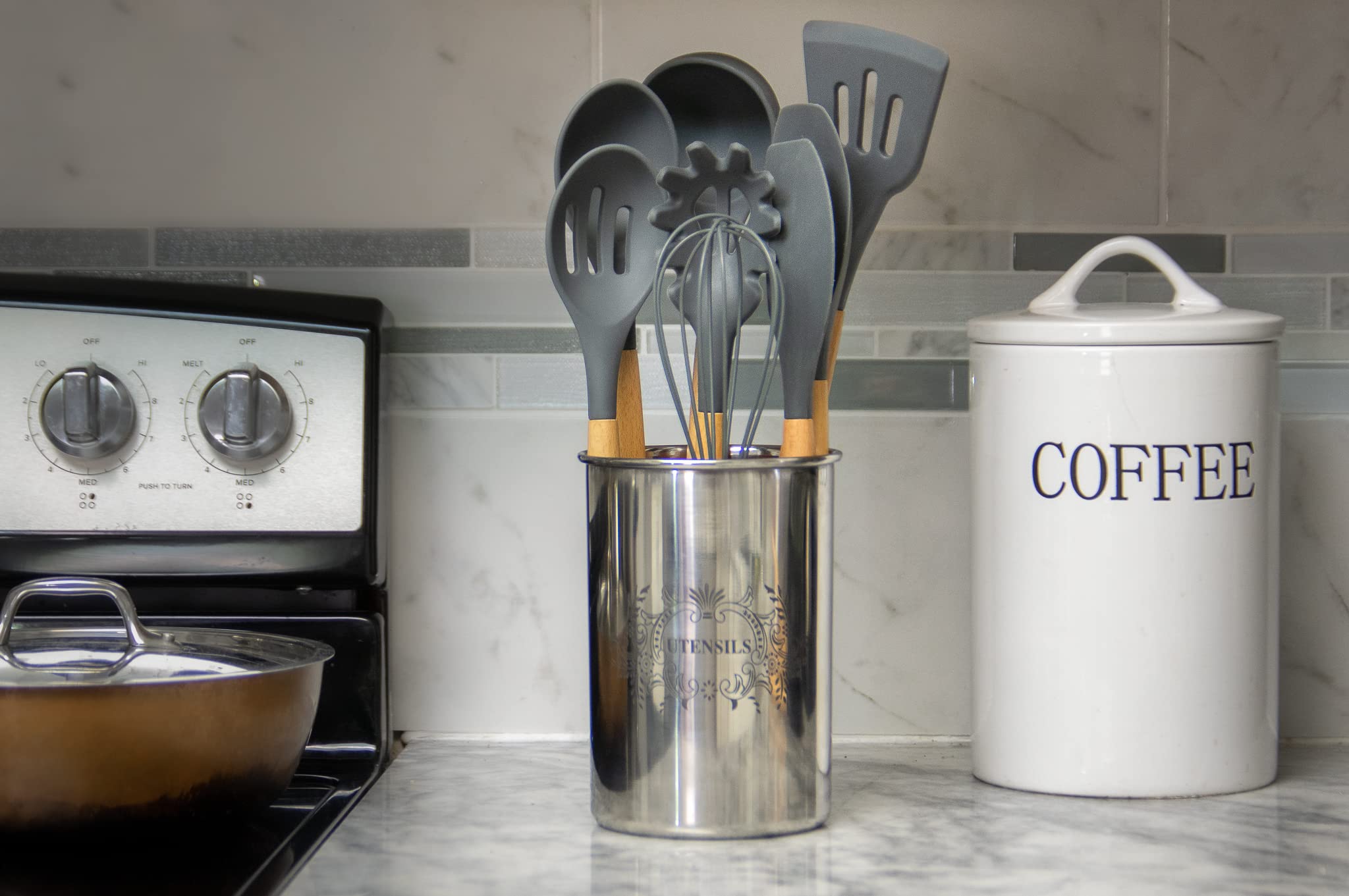 Sol -Utensil Holder For Kitchen Set Silicone Cooking Utensils With Wooden Handle 8Pcs Set - Serving Spoon, Slotted Spoon, Mixer,
