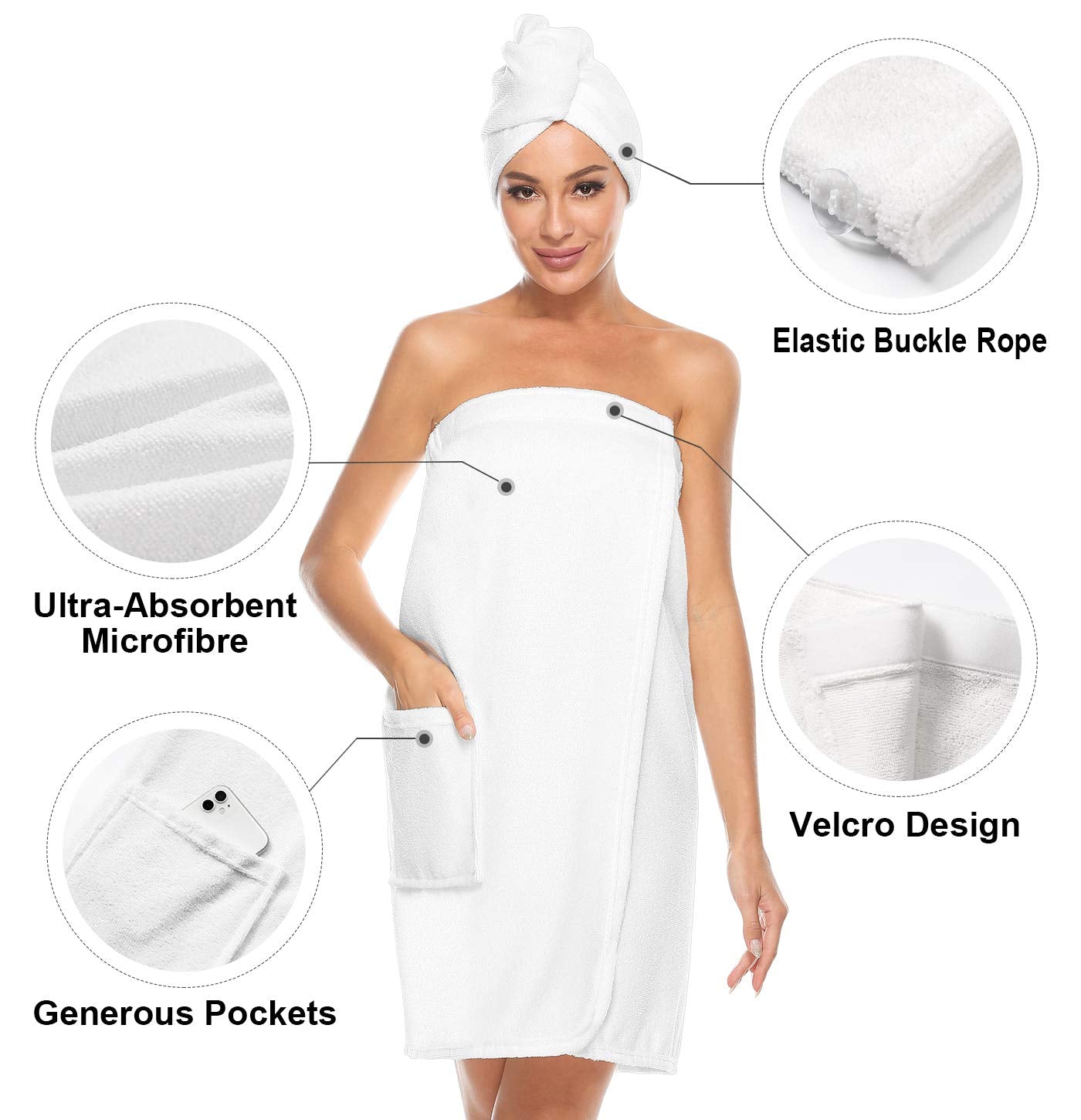 Orrpally Women Shower Wrap Robe Bath Wrap Towel Spa Body Wrap Adjustable Closure Bathrobe White Xl