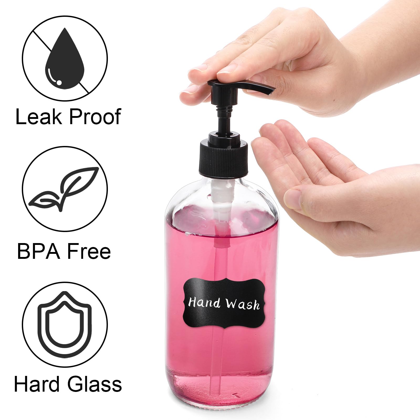 Yarlung 4 Pack 16 Oz Glass Pump Bottles  Clear Refillable Containers Glass Soap Dispenser for Essential Oils  Lotions  Cleaning Products  4 Black Caps 6 Labels