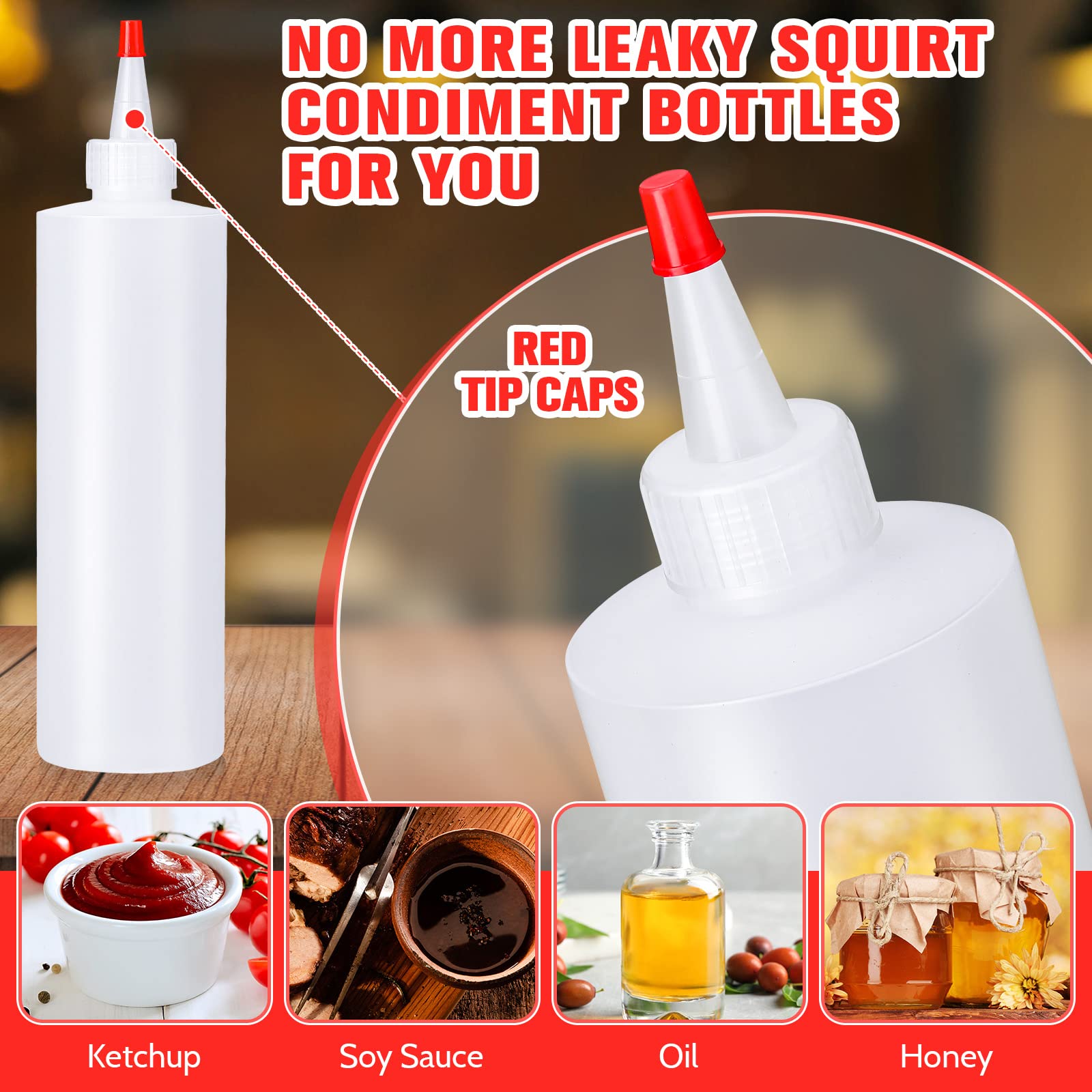 Irenare 40 Pcs 12 Oz Plastic Squeeze Bottles Condiment Bottles With Red Tip Caps, Empty Squirt Bottle Dispenser Leakproof Refill