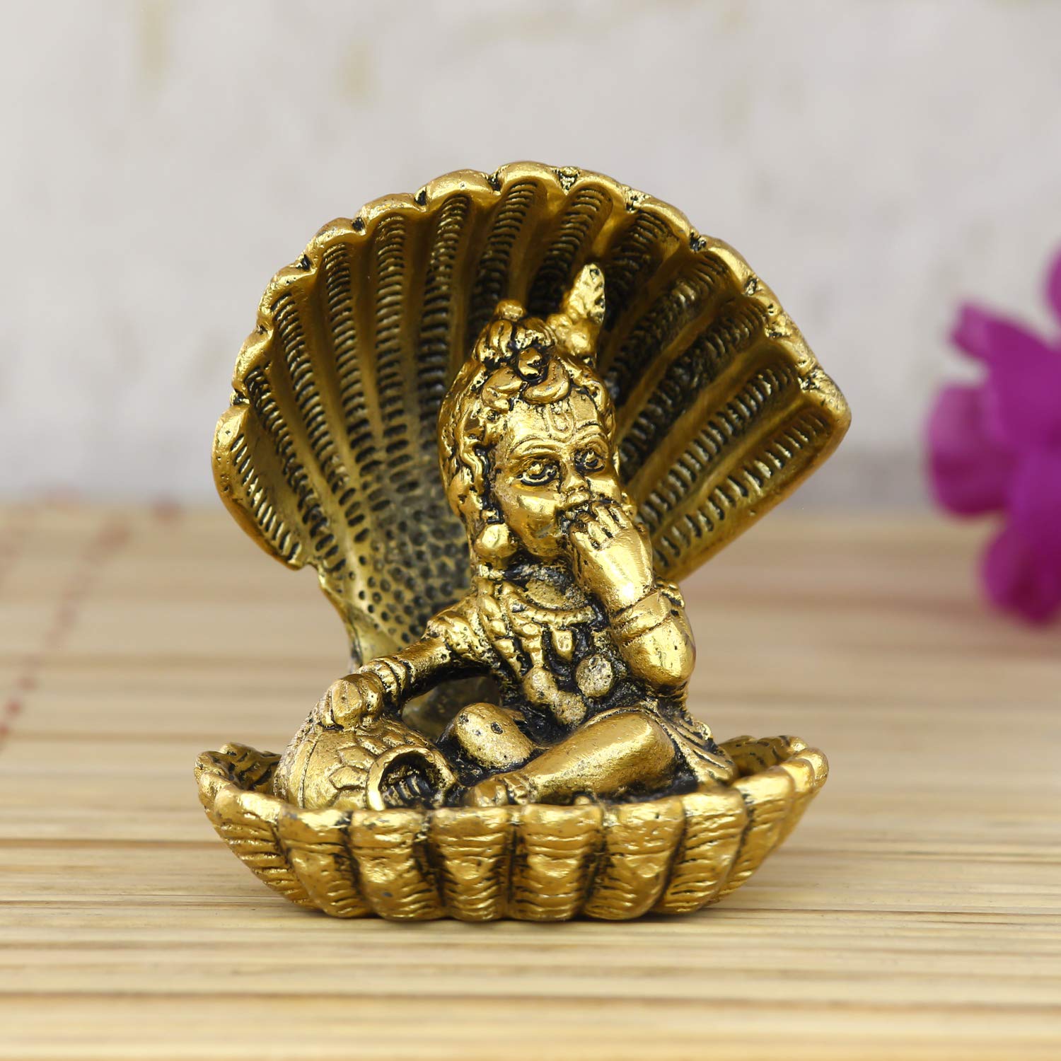 Ecraftindia Golden Bal Gopal Krishna Having Makhan Decorative Showpiece (Metal, 8 Cm X 9 Cm, Golden, Agk507)