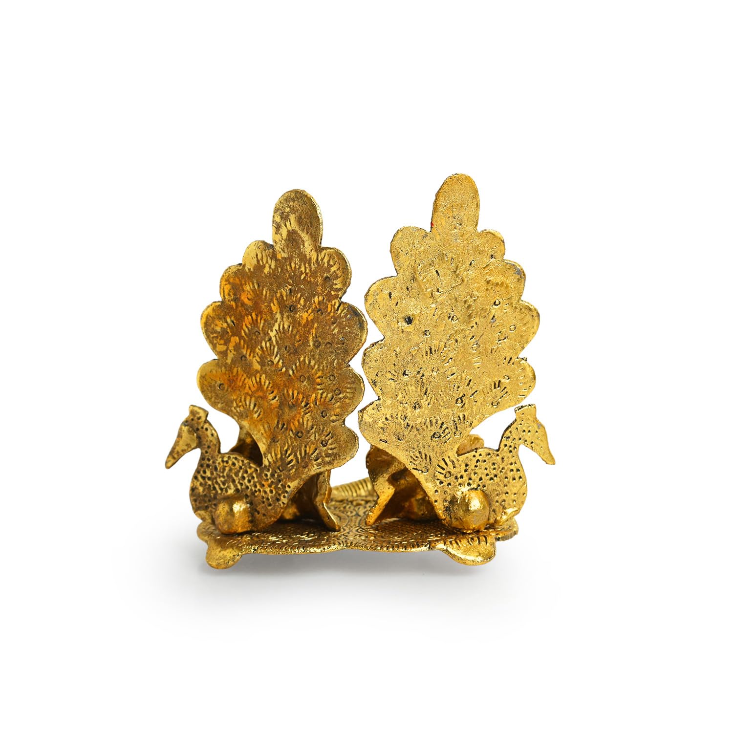 Exclusivelane Laxmi Ganesh & Peacock Idol Showpiece Figurine With Diya (5.7 Inch, Golden, Metal)|Handcrafted Ganesha Idol With