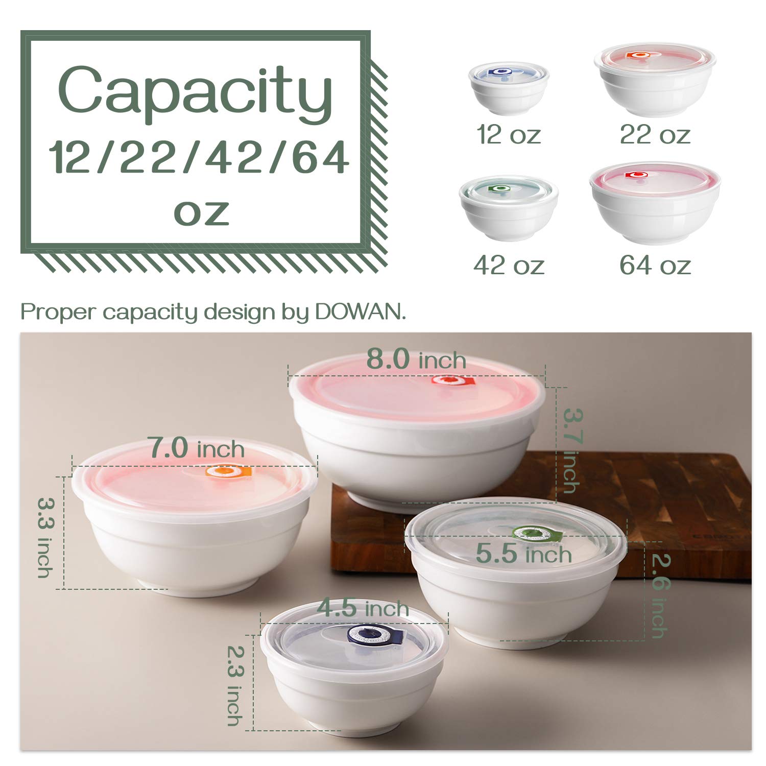 Dowan Ceramic Bowl Set With Lids, Serving Bowls With Lids, Food Storage Container, Porcelain Prep Bowl, Small Mixing Bowls For K