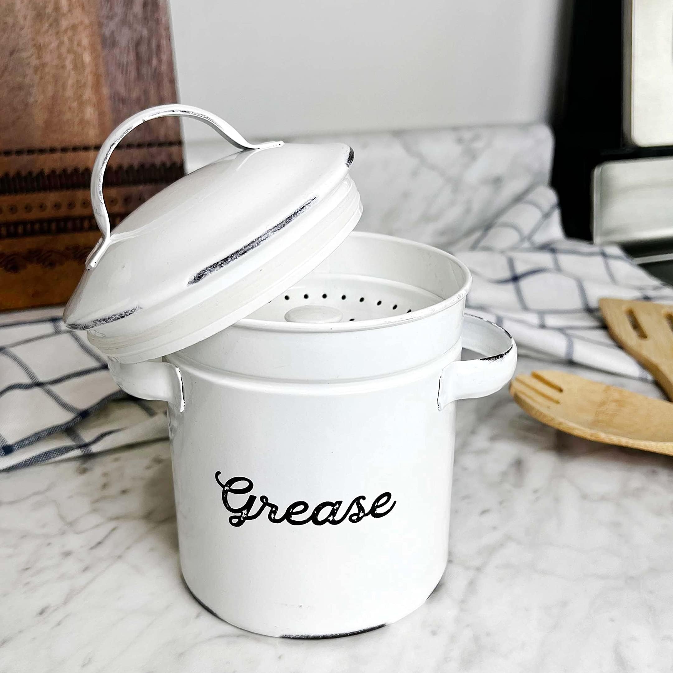 Auldhome Enamelware Grease Container With Strainer, Farmhouse Style Kitchen Storagetin, Labeled ''Grease''