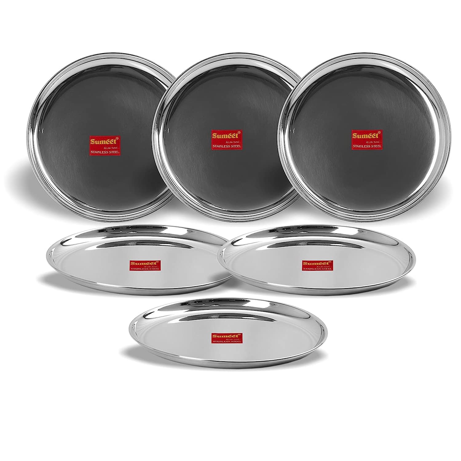Sumeet Stainless Steel Heavy Gauge Shallow Salad Plates with Mirror Finish 18.5 cm Dia - Set of 6pc