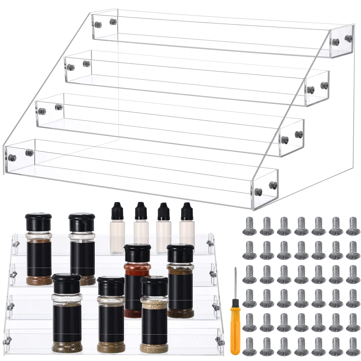 2 Pack Tiered Spice Rack, Acrylic Spice Rack 4 Tier Clear Vertical Seasoning Organizer Spice Shelf for Countertop Cabinet Kitche