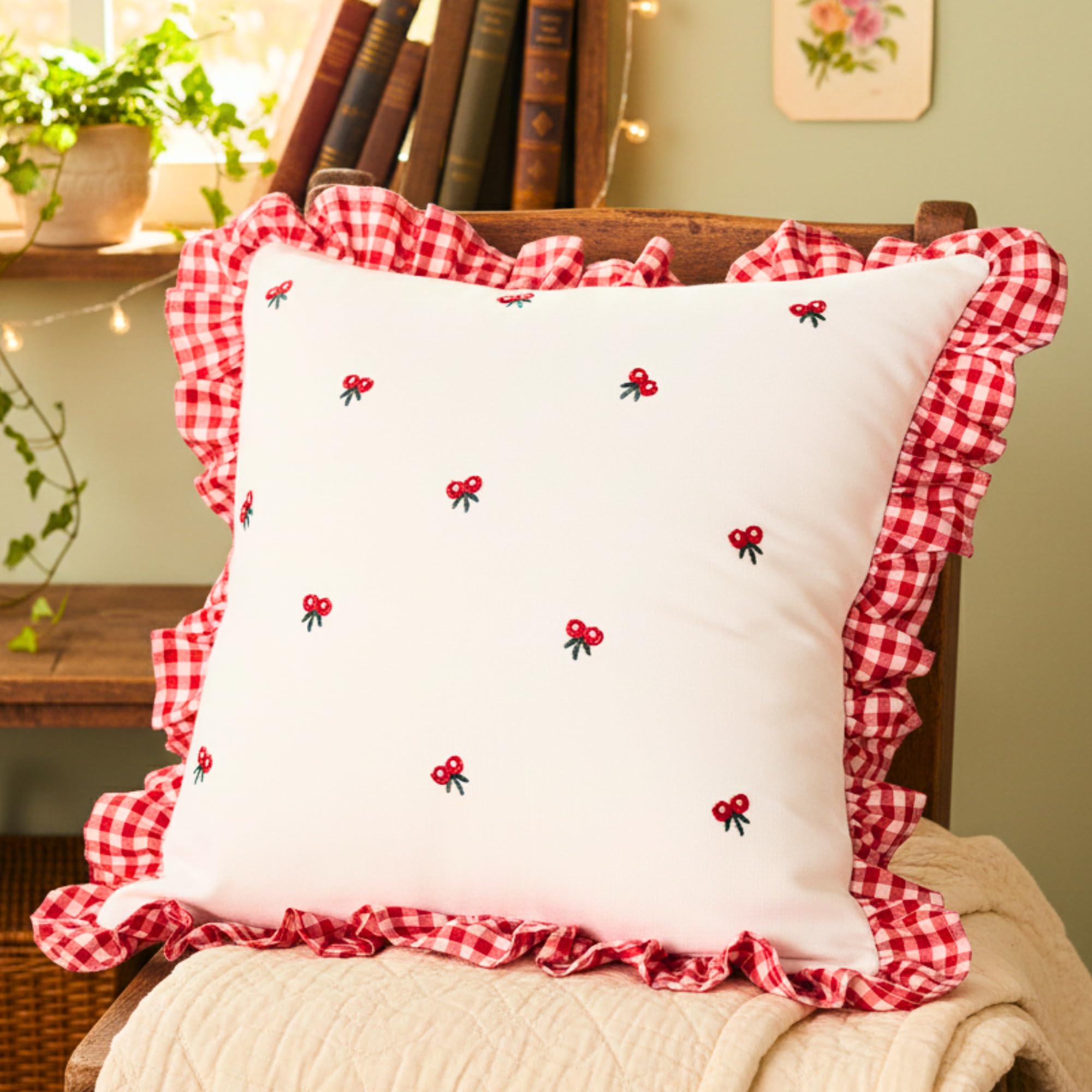 Sleepy Threads Red & White Cotton Cushion Cover | 16 X 16 Inch/ 40 X 40 Cm | Square Floral Embroidered With Ruffle Frill Edging 