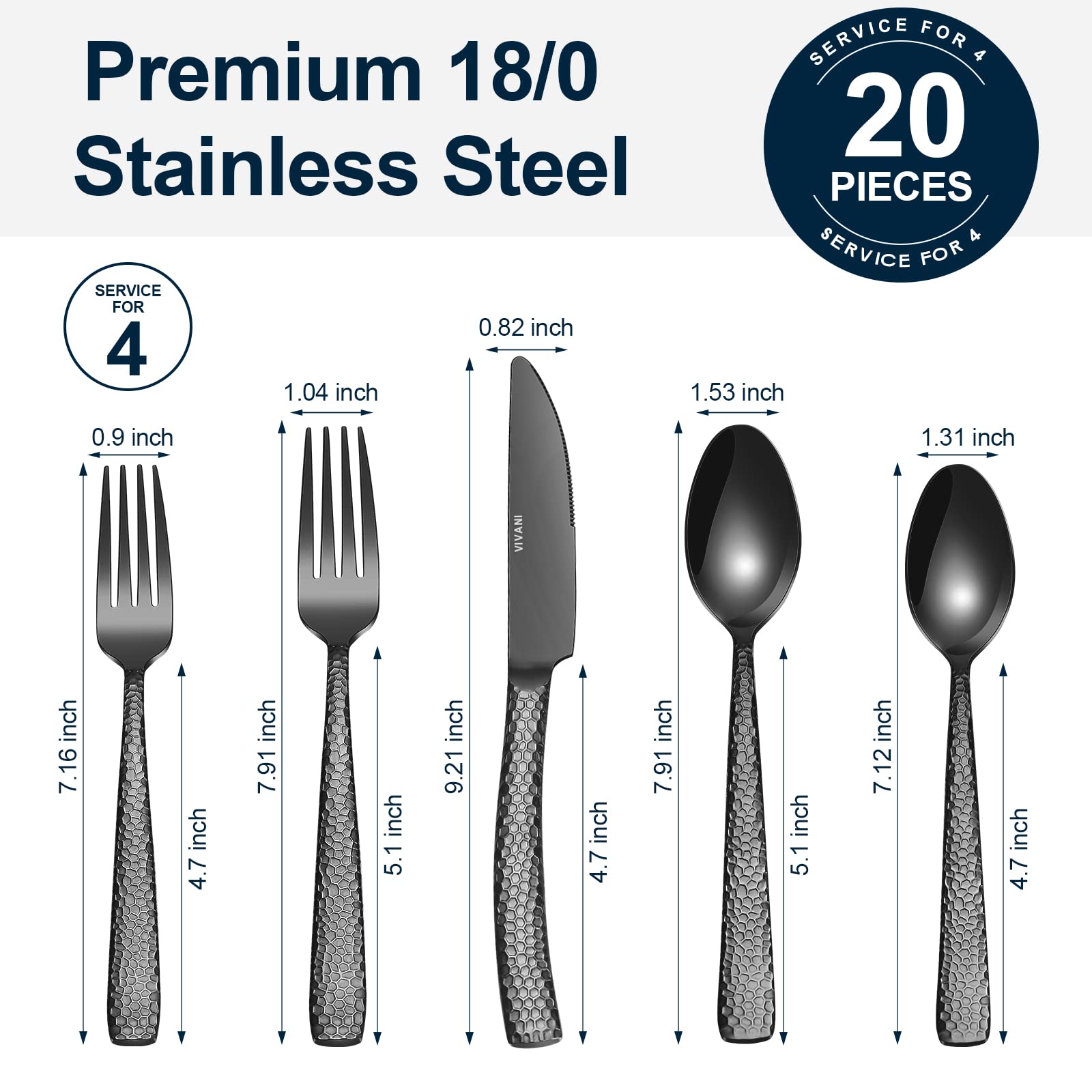 Vivani Theoson 20-Piece Black Heavy Silverware Set For 4, Thicken Stainless Steel Utensils Set, Hammered Cutlery Flatware Set Fo