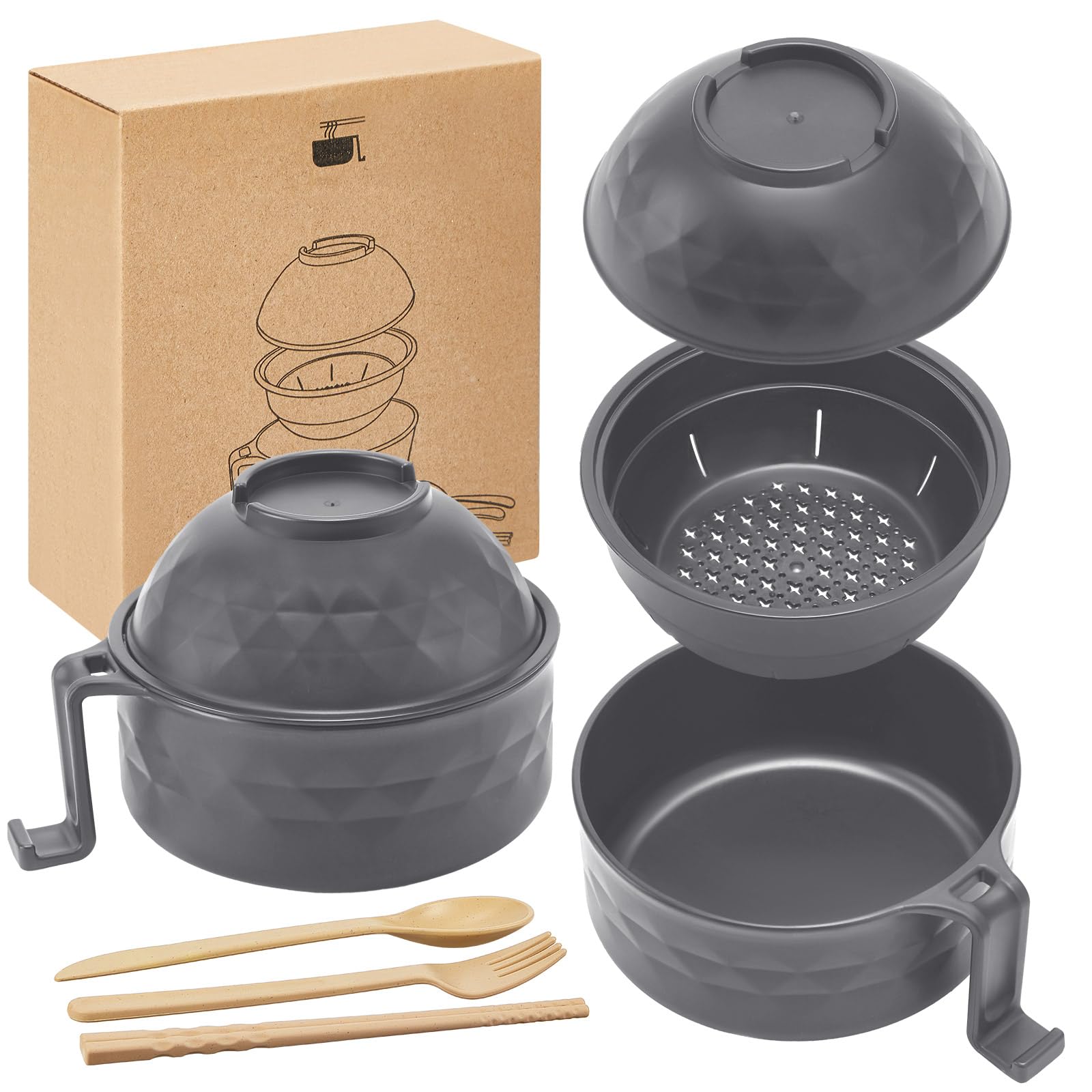 Romooa 1 Set Microwave Ramen Bowl Set 33 oz Wheat Straw Instant Ramen Cooker Set Portable Noodle Cooker with Handle Noodle Bowl 