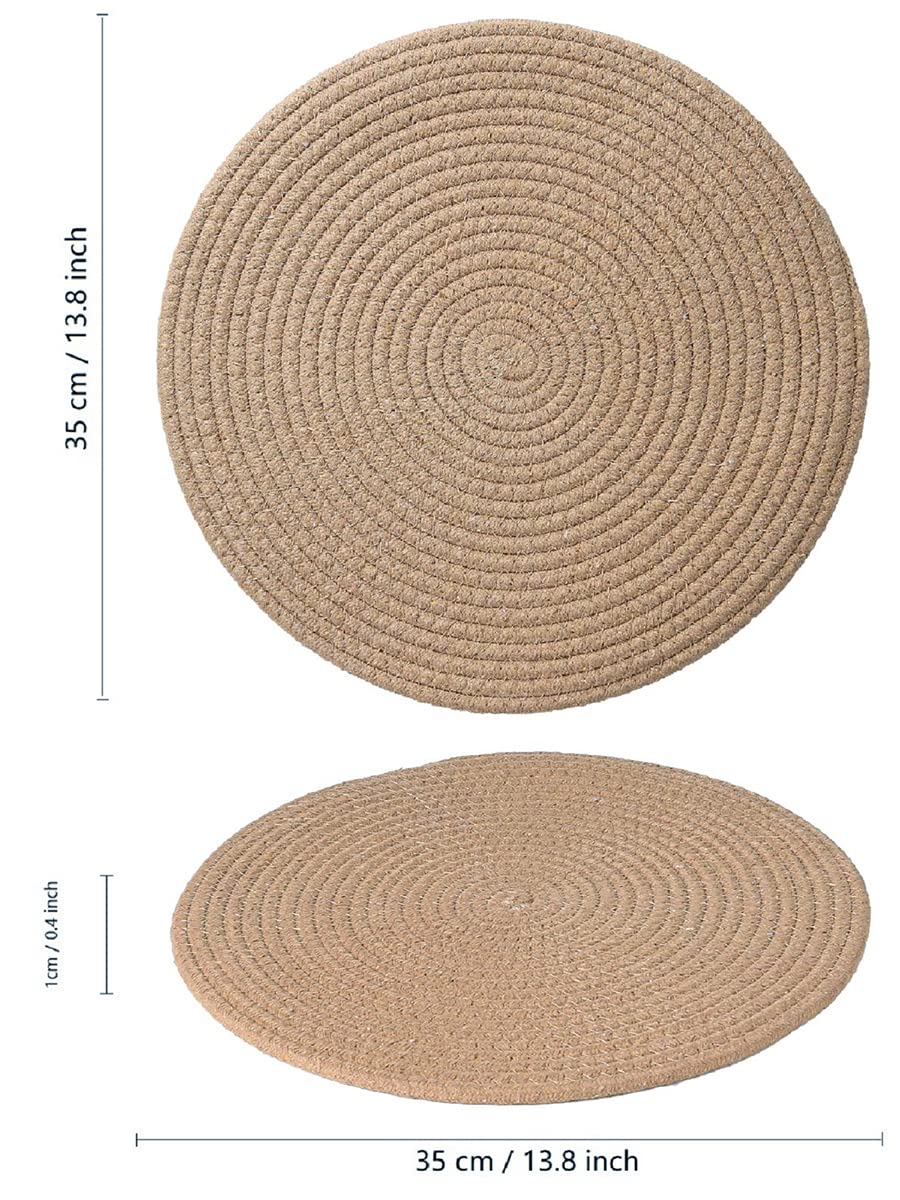 Wenfome 6 Pack Round Woven Placemats,13.8 Inch Plate Chargers Brown Cotton Thick Place Mats Cotton Rope Braided Tablemats Rattan