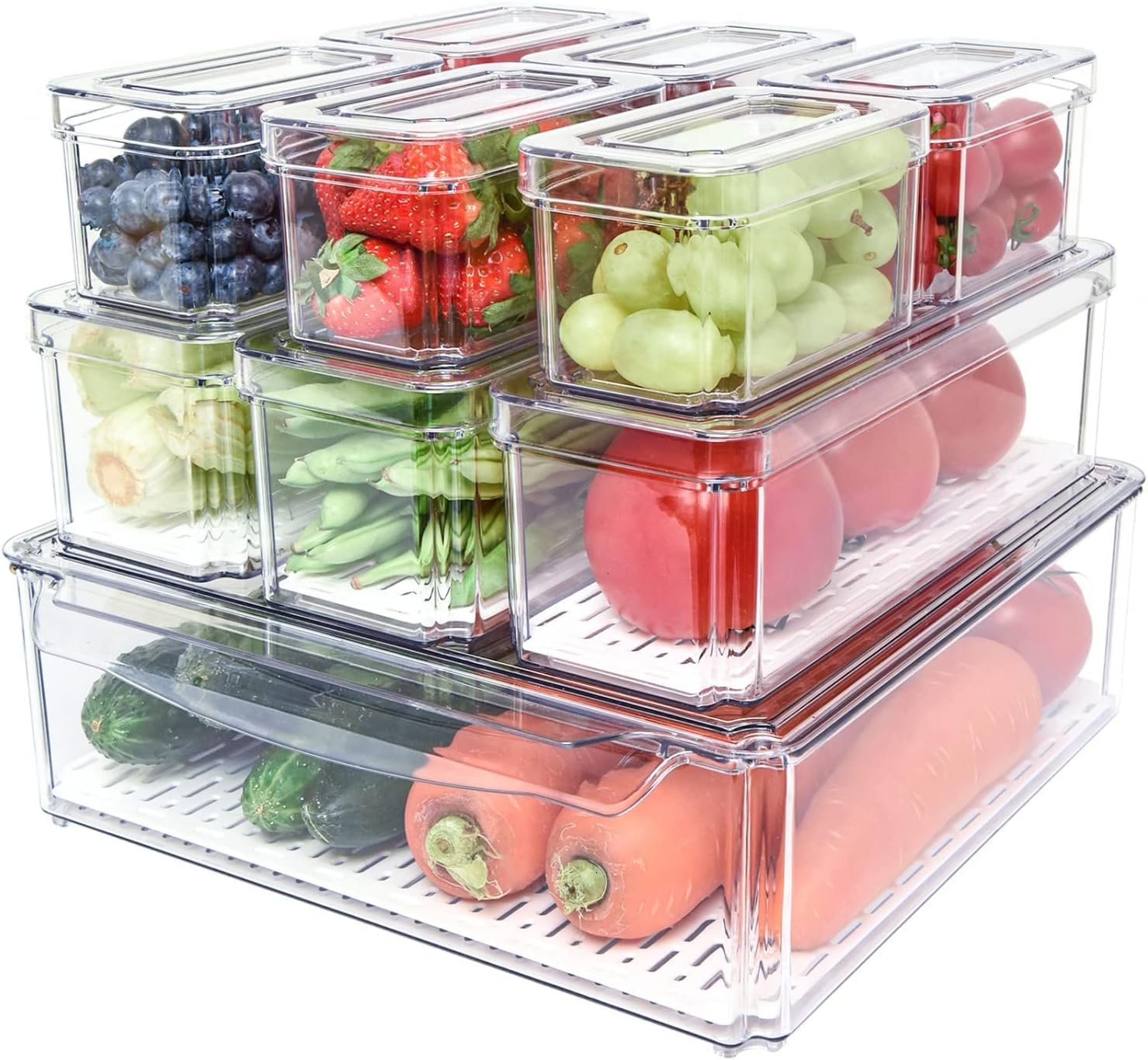 Snazzy Plastic 10 Pack Fridge Organizer, Stackable Refrigerator Organizer Bins With Lids, BpaFree Produce Fruit Storage Contain