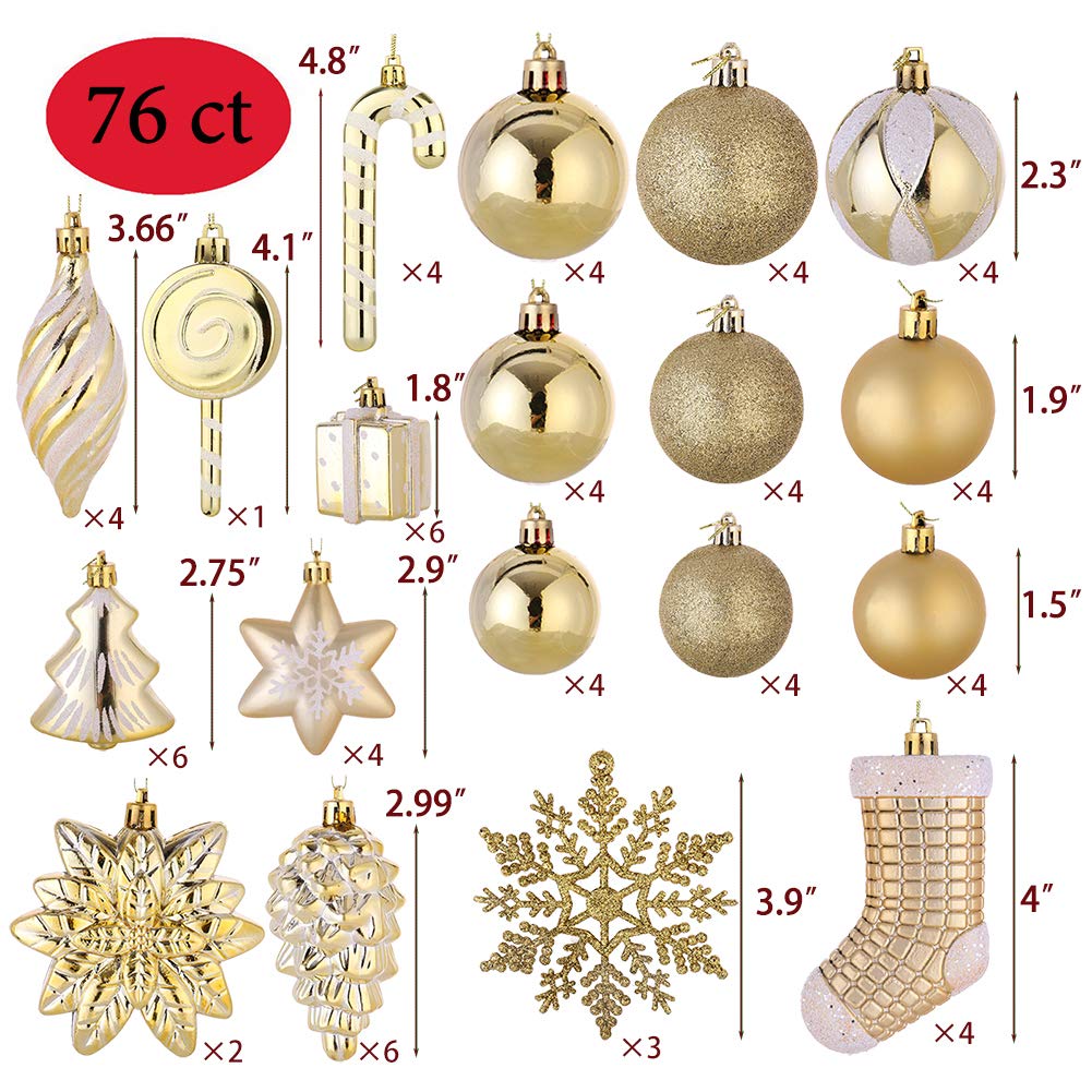 Sattiyrch 76ct Christmas Tree Ornaments Set,Golden Shatterproof Christmas Balls Decorations,Xmas Decorative Hanging Ornaments(Go
