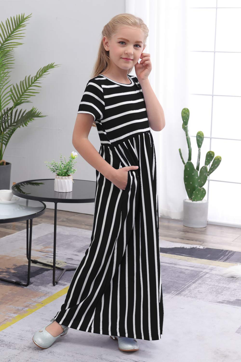 Gorlya Girls Short Sleeve Floral Print Loose Casual Holiday Long Maxi Dress With Pockets 4-12 Years (9-10Yearsheight:140Cm, Blac