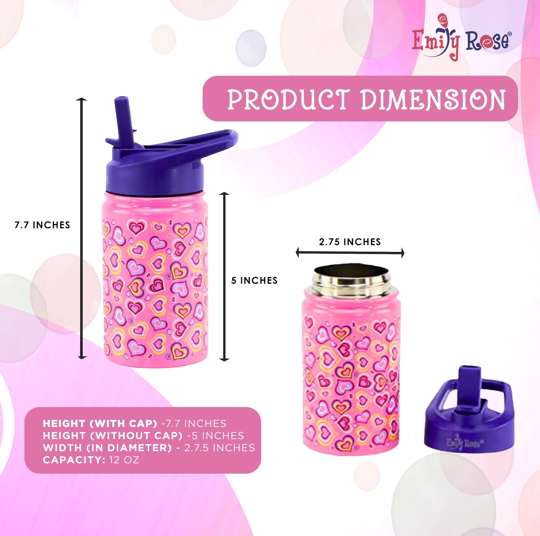 Emily Rose Kids Water Bottle | 12 Ounce Insulated Girls Kid Water Bottle | Bpa Free Stainless Steel Bottle For Travel And School