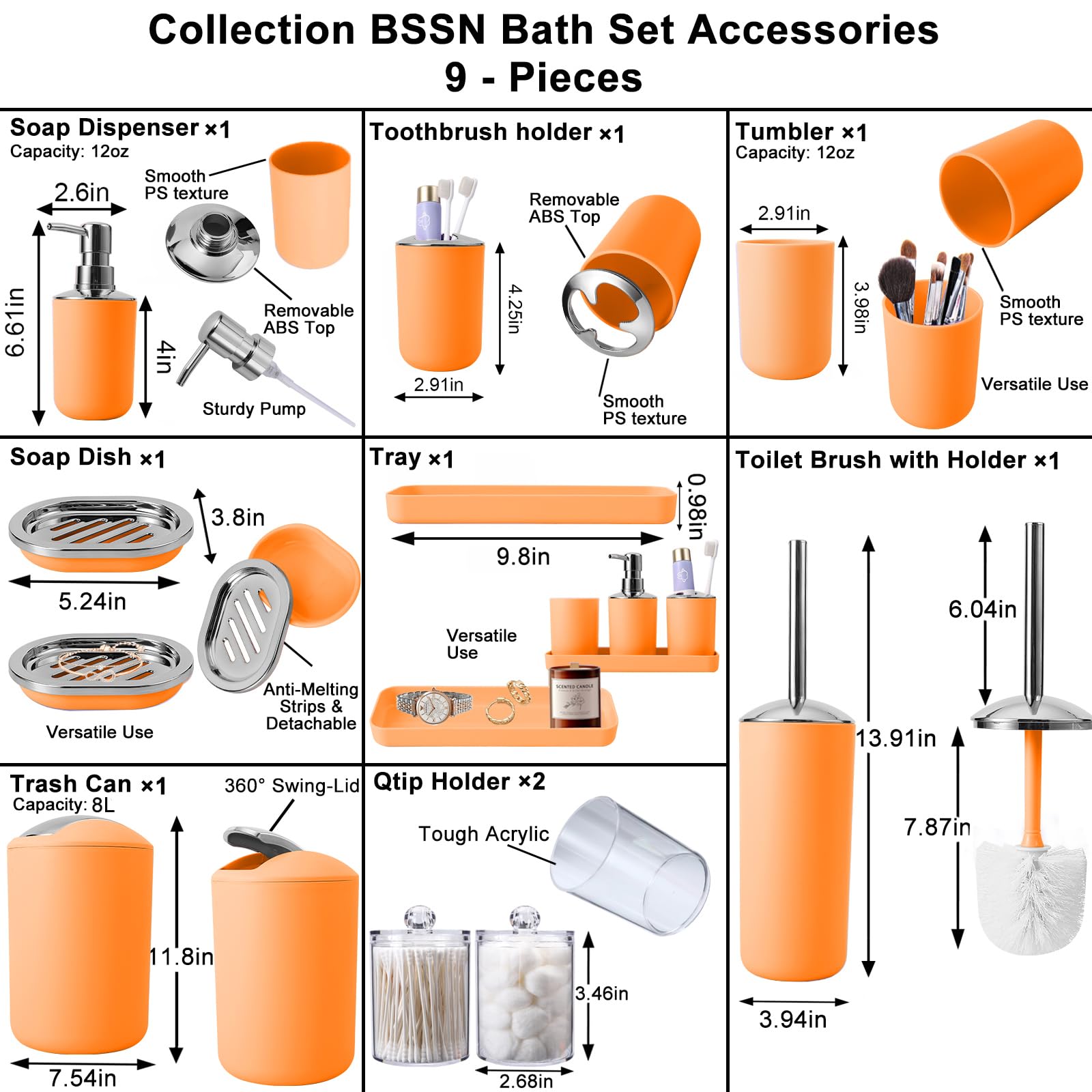 9 Pcs Orange Bathroom Accessories Set - Trash Can, Soap Dispenser, Soap Dish, Toilet Brush Holder, Toothbrush Holders, Tumbler,