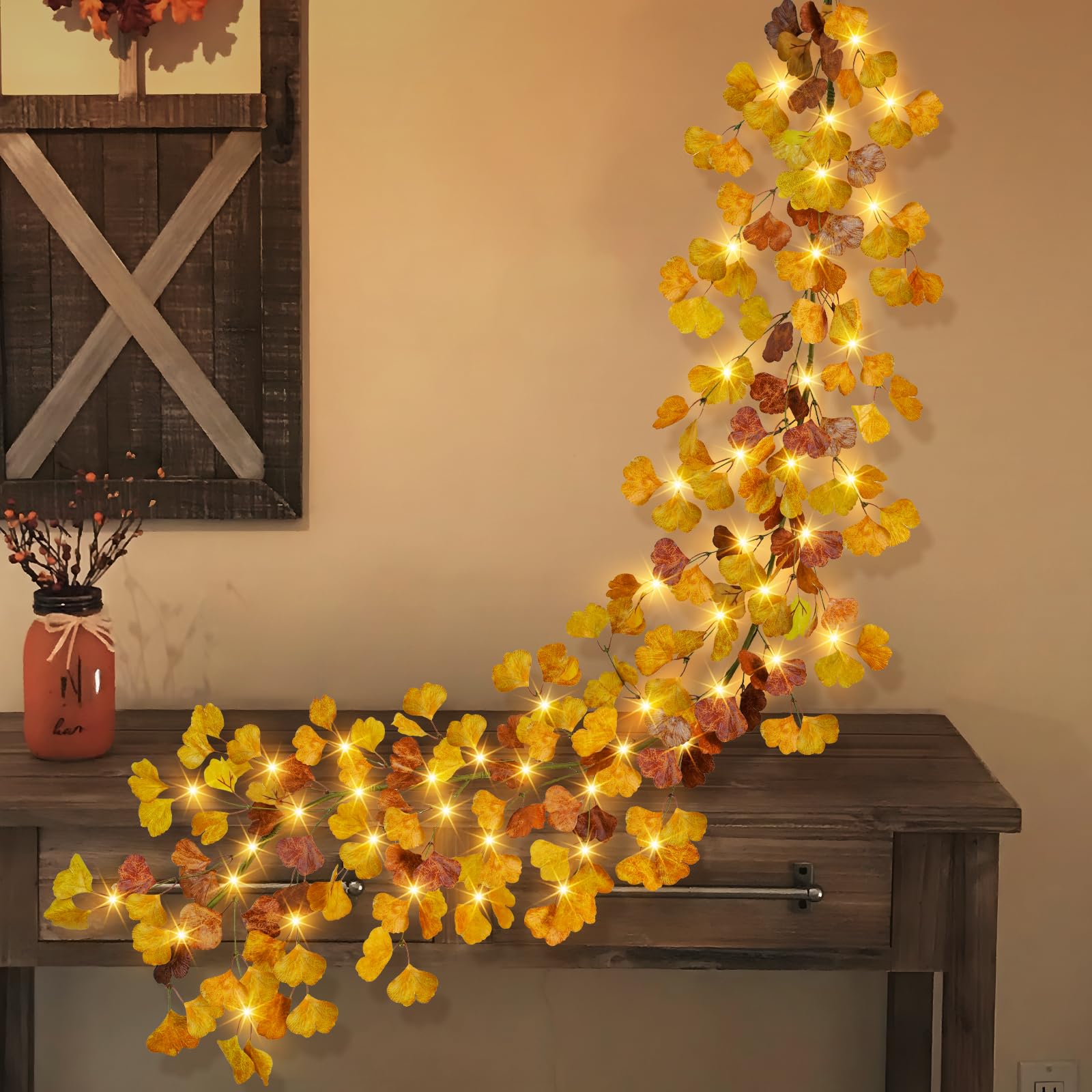 Ruidazon 6FT Fall Garland with Lights, Battery Operated Lighted Fall Leaves Garland Autumn Ginkgo Leaf Lights for Indoor Outdoor