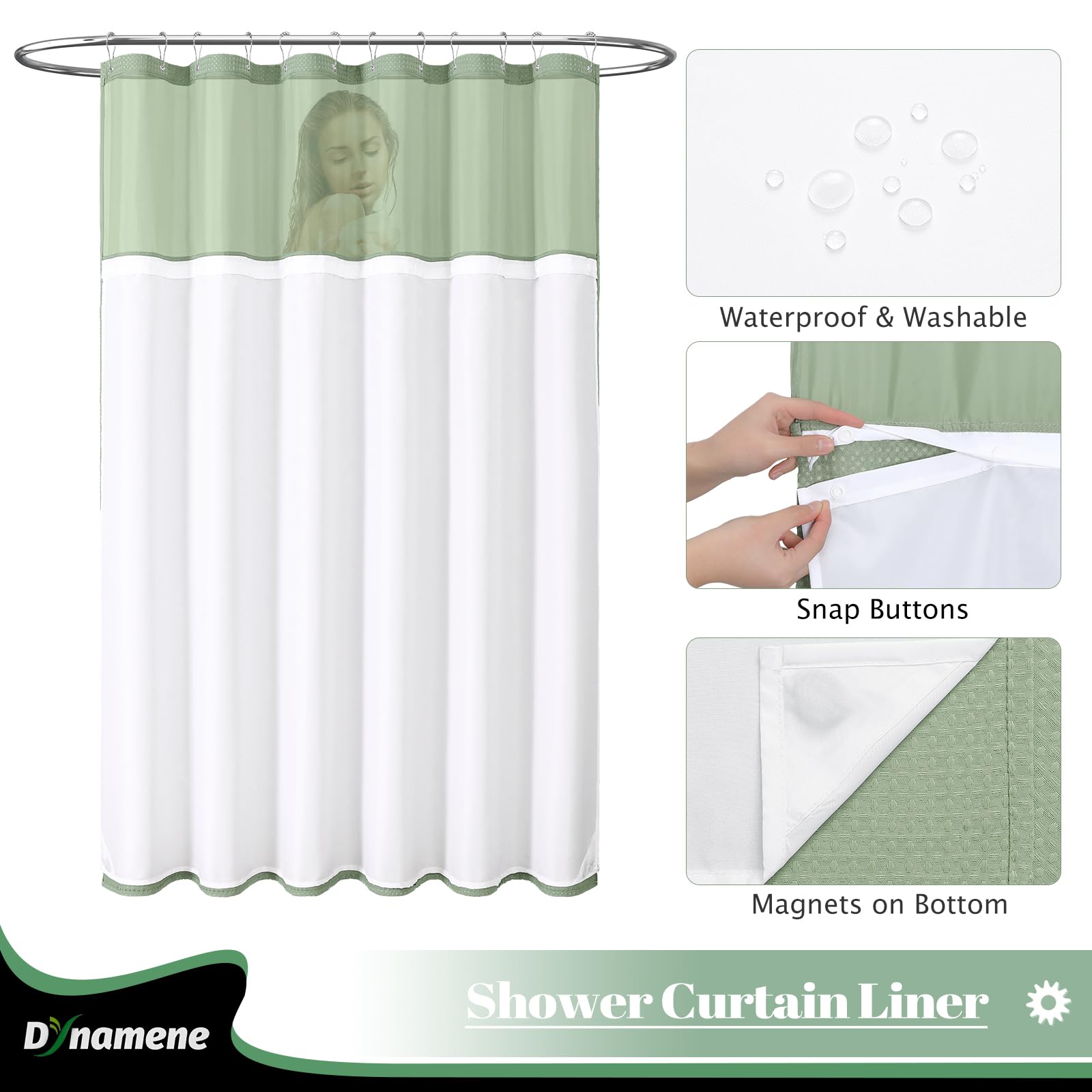 Dynamene Fabric Shower Curtain With Snap In Liner, Sage Green Waffle Hotel Shower Curtains For Bathroom, Washable Waterproof Clo