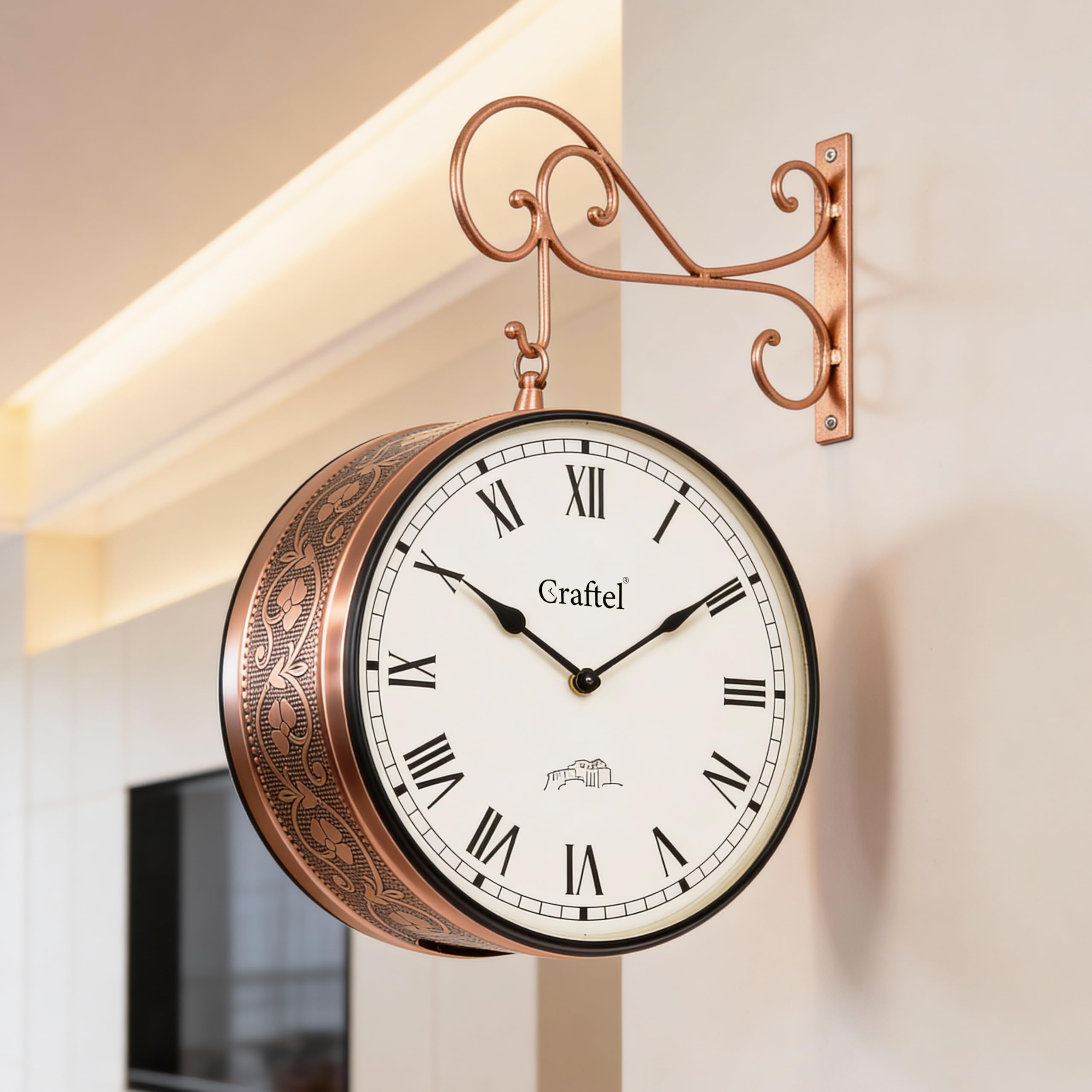 Craftel Metal Analog Double Sided Vintage Roman Station Wall Clock For Home And Living Room (Rose Gold_10 Inches)