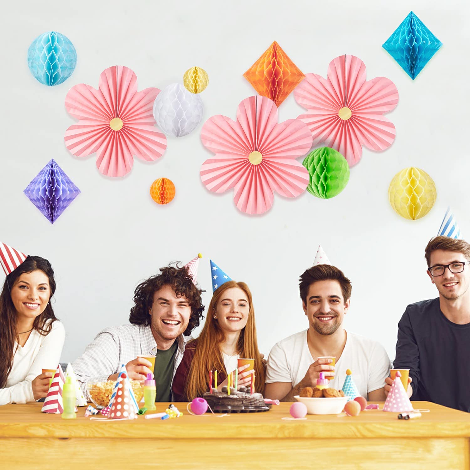 SUNBEAUTY Flower Party Decorations Honeycomb Paper Balls Paper Floral Backdrop Decor Paper Fans Decoration Hanging Paper Fans Pink Flower Wall Decor Set of 9
