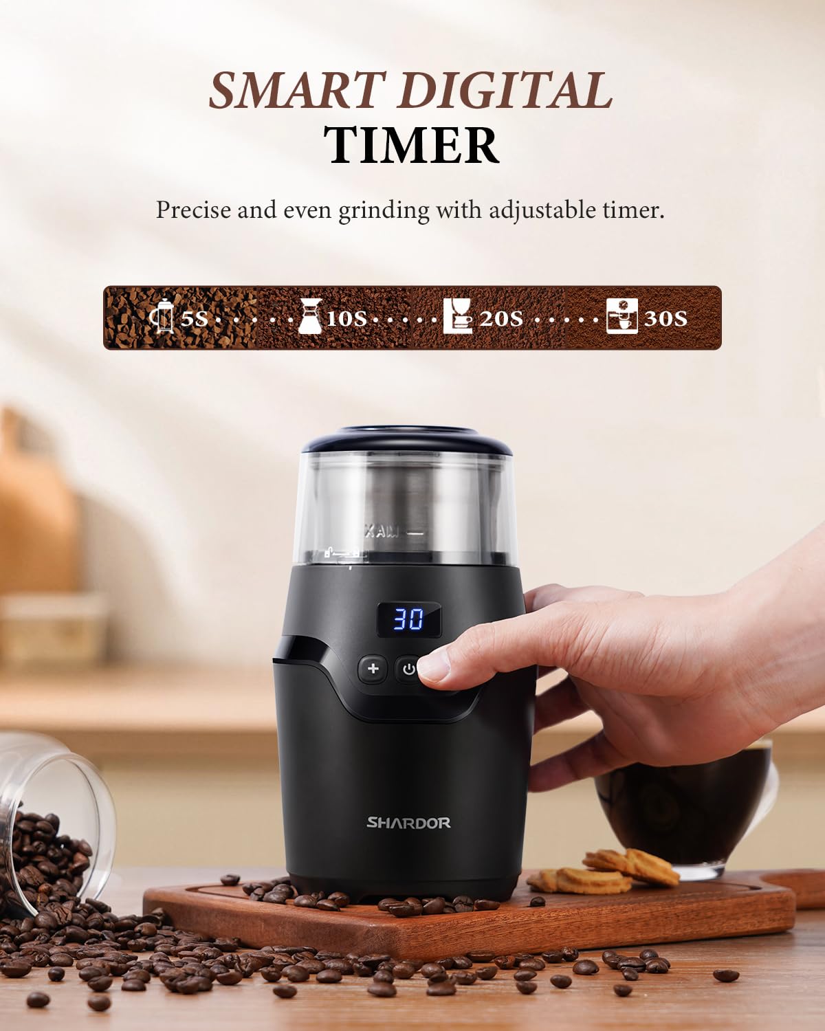 Shardor Adjustable Coffee Grinder Electric, Super Silent Electric Coffee Bean Grinder With Time-Memory Adjustment And Multi-Func