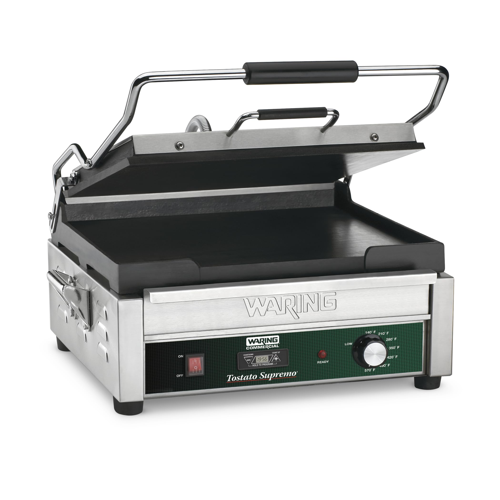 Waring Commercial Panini Press with Timer, Flat Cast Iron Plates, 14.5 x 11 Cooking Surface, 570F Adjustable Thermostat, for San